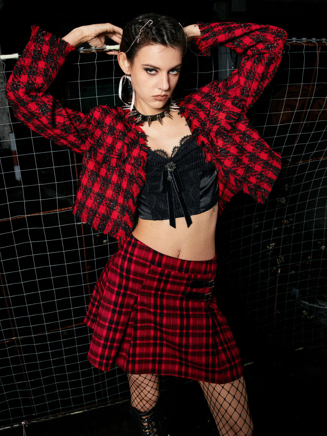 Checkered Tweed Ripped Crop Jacket Cider