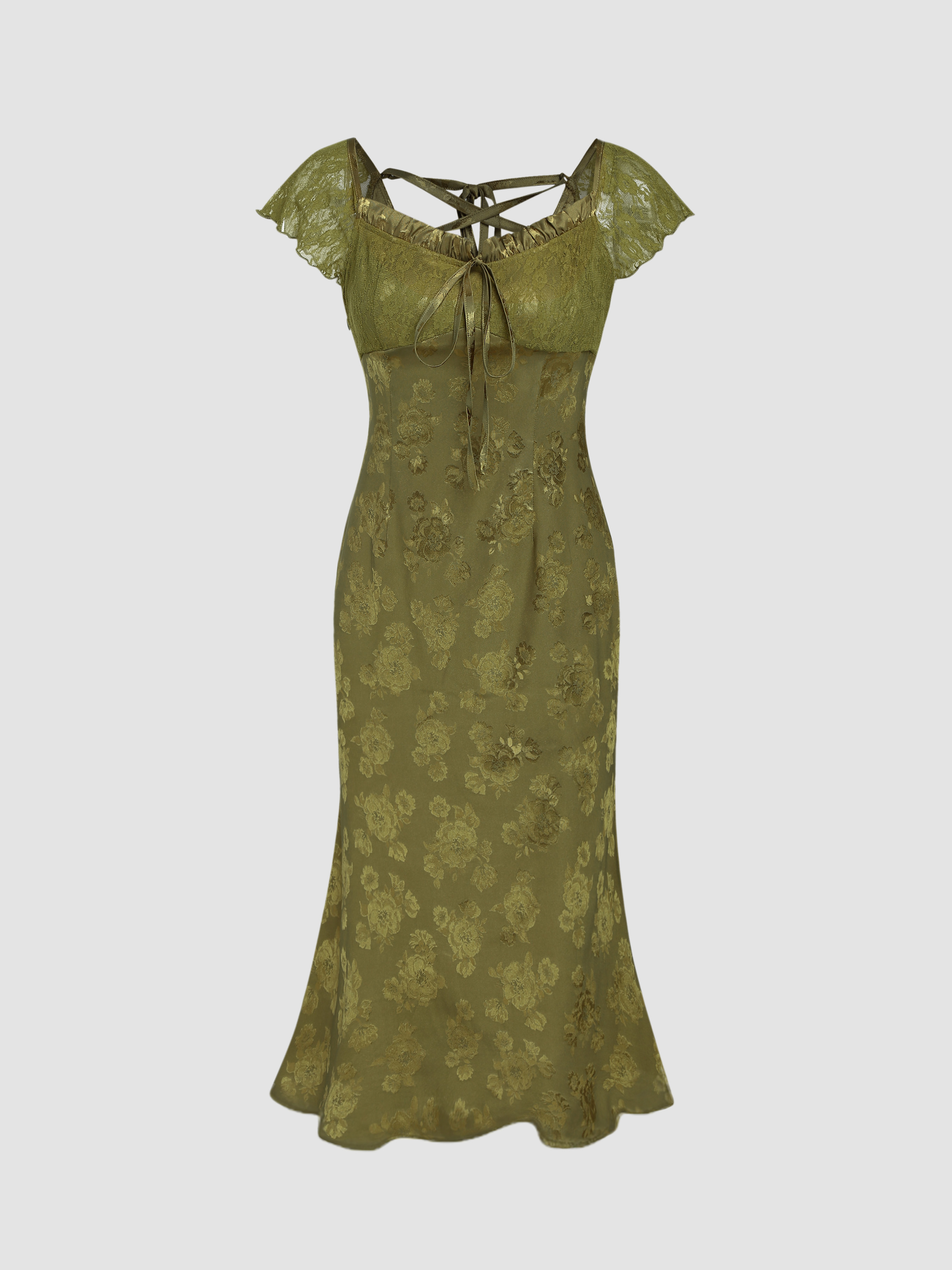 Floral Pattern Lace Tie Front Midi Dress Cider