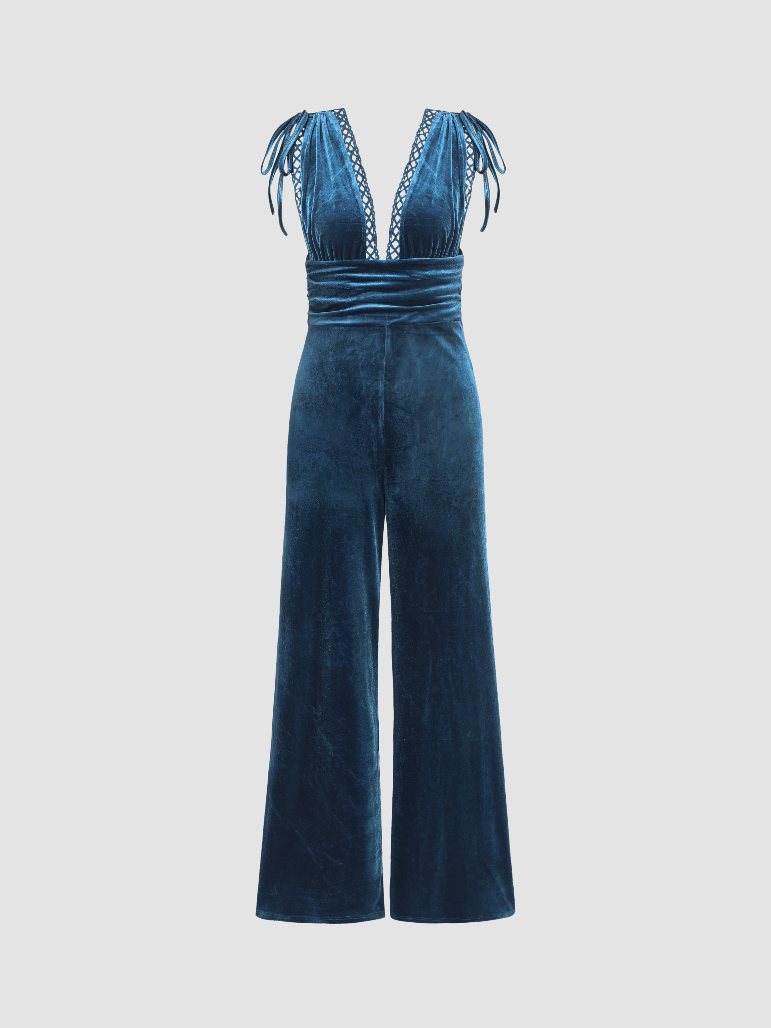 Velvet Solid Knotted High Waist Deep V Jumpsuit For