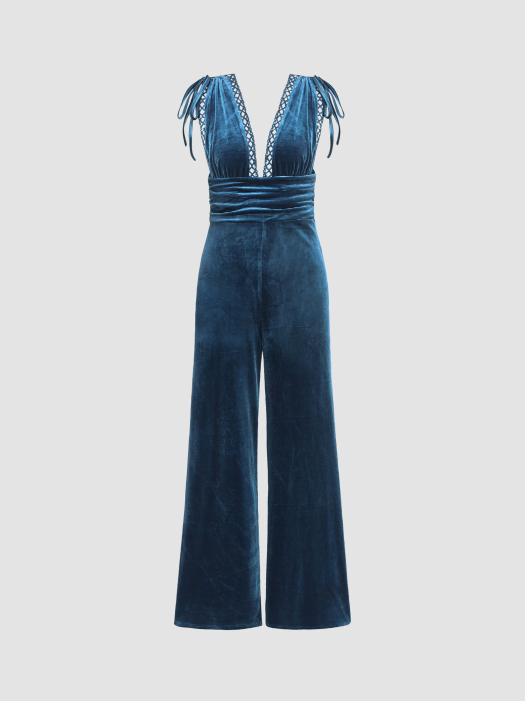 Velvet Solid Knotted High Waist Deep V Jumpsuit Cider