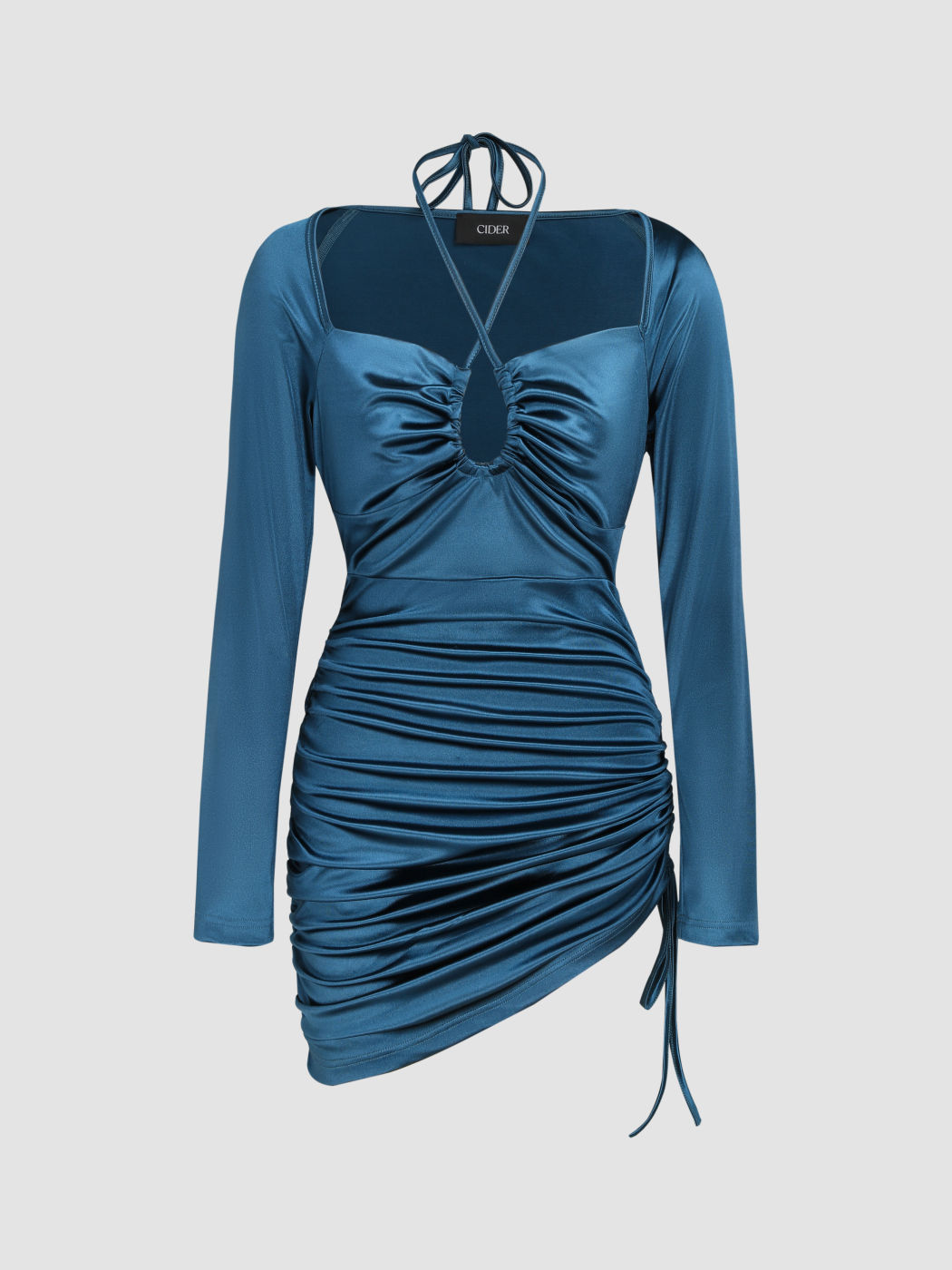 Satin Halter Ring Detail Drawstring Mini Dress
