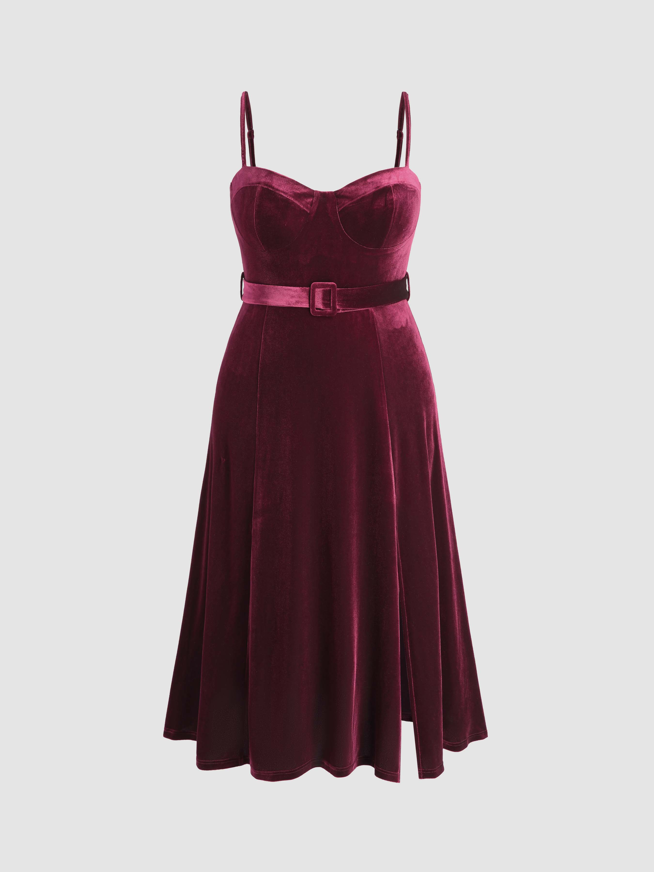 Curve & Plus Solid Velvet Belted Cami Midi Dress