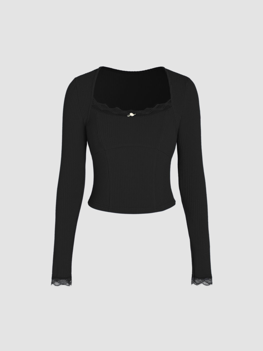 Gestricktes T-Shirt mit einfarbigem Spitzenbesatz und eckigem Ausschnitt