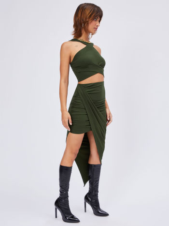 Knit Fabric Solid Ruched Asymmetrical Hem Skirt For Music Festival/Live ...