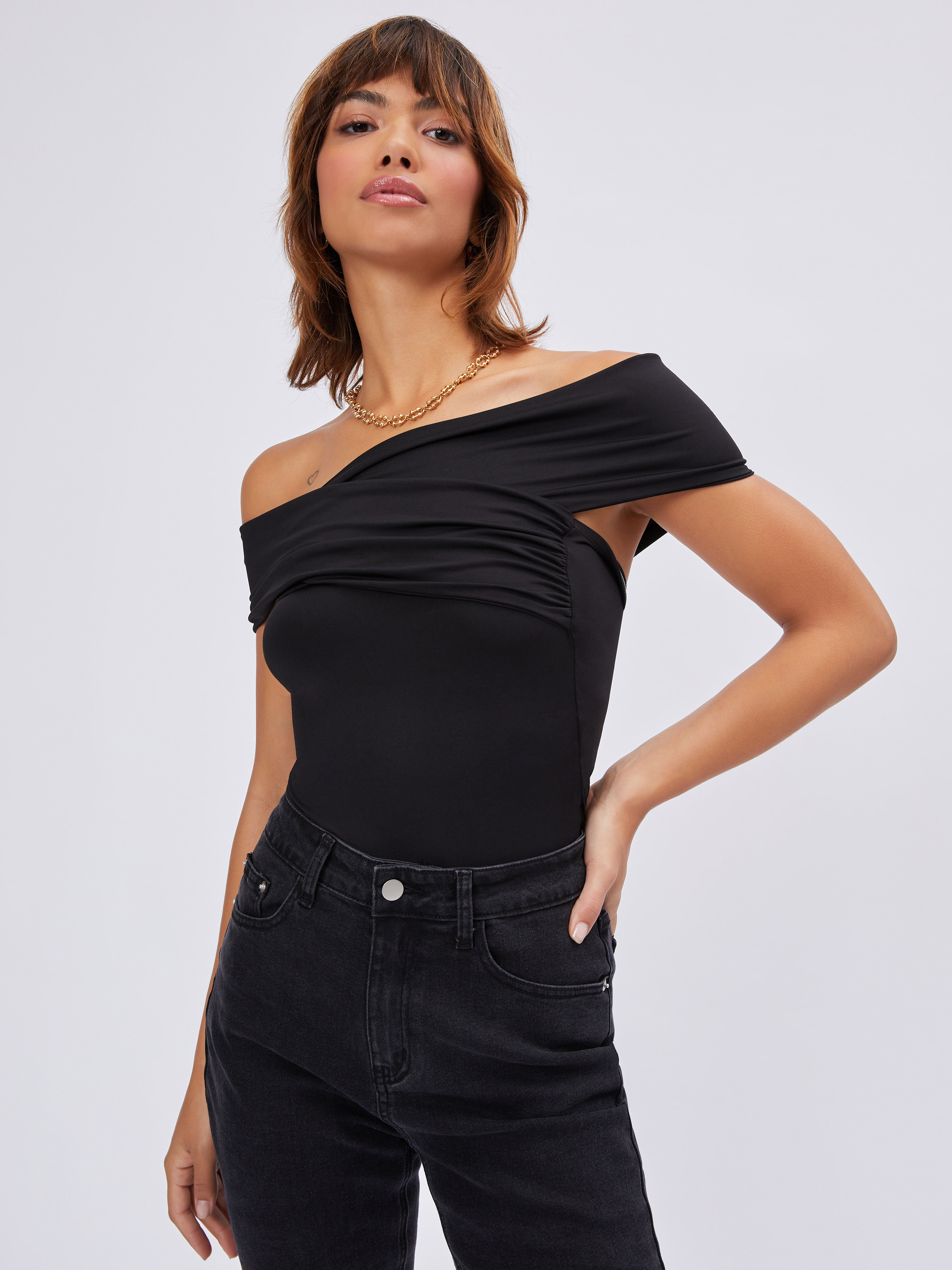 Knit Fabric Solid Off-shoulder Bodysuit For Music Festival
