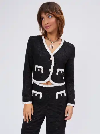  Tweed V-Ausschnitt Kontrastknopf Crop Jacke