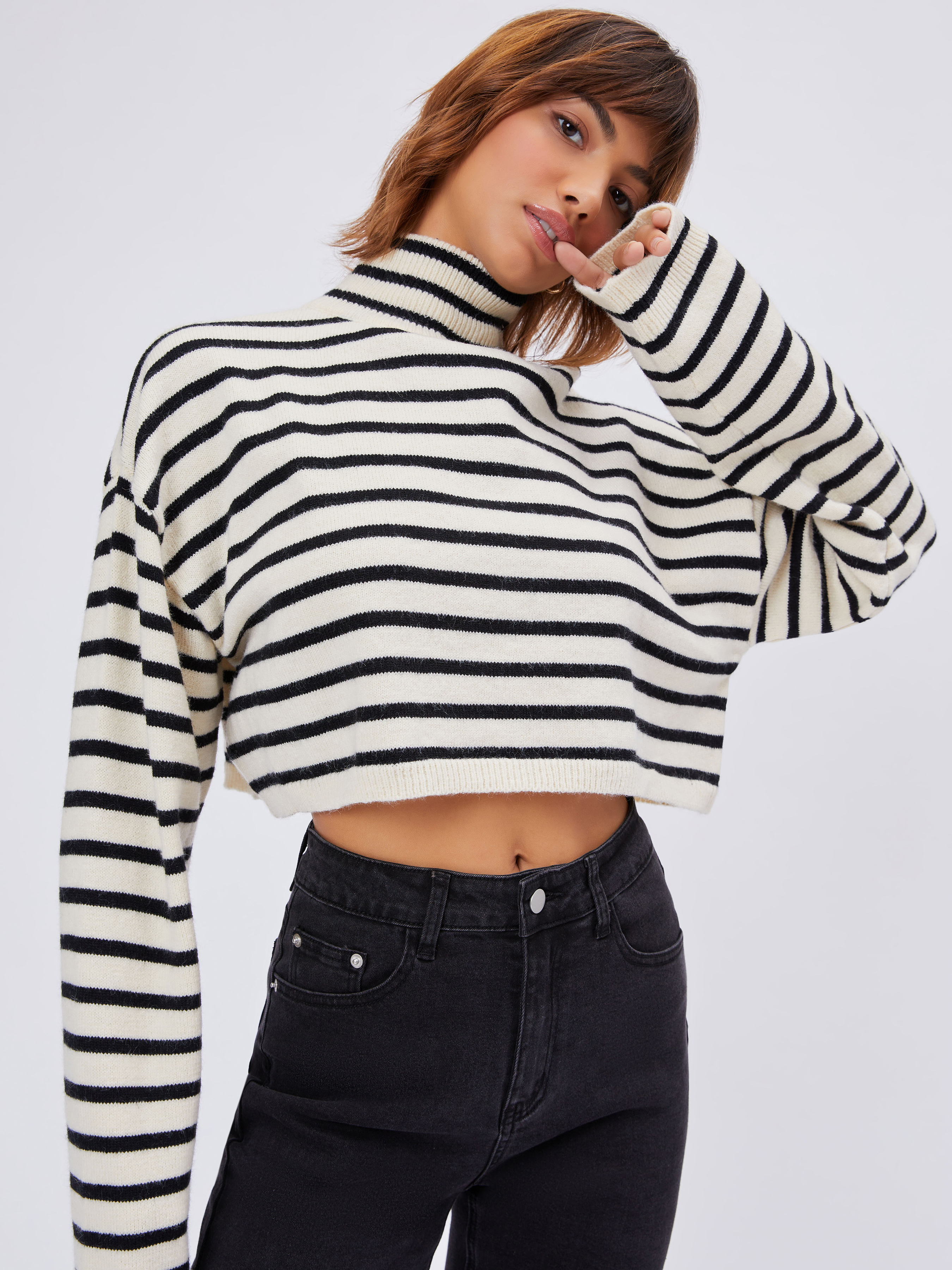 Striped High Neck Oversized Crop Sweater - Cider