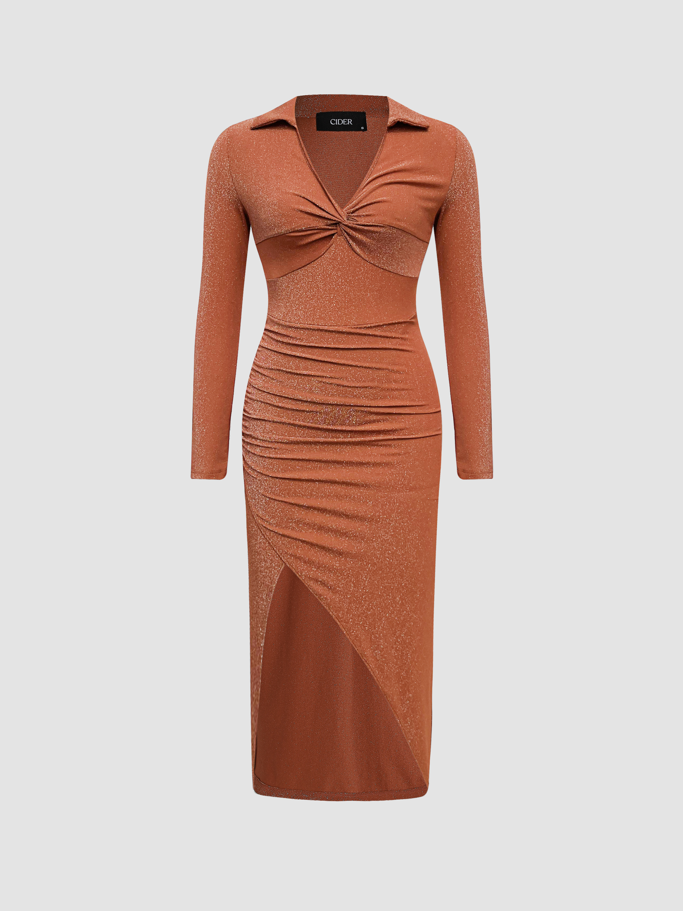 Solid Glitter Collar Twist Vneck Ruched Midi Dress For Date