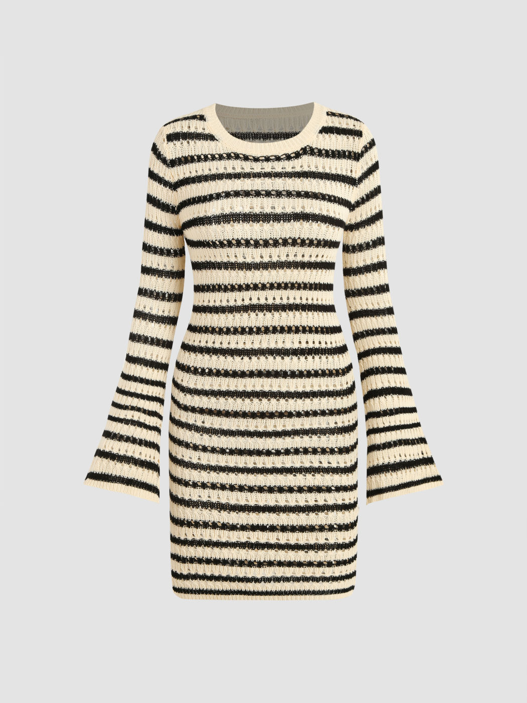 Stripe Hollow Out Bell Sleeve Knit Short Dress For Daily Casual