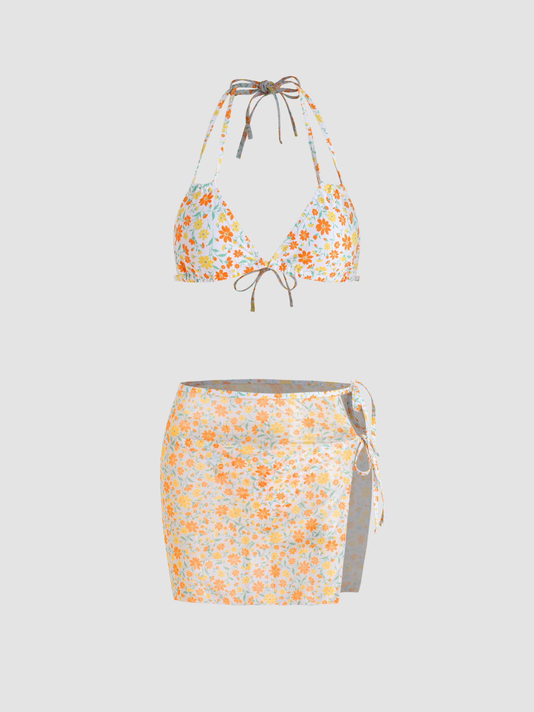 3pack Mesh Halter Bikini Swimsuit & Cover Up Skirt For Vacation Beach