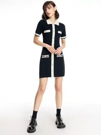 Perlenstrickkleid mit Kontrastkanten