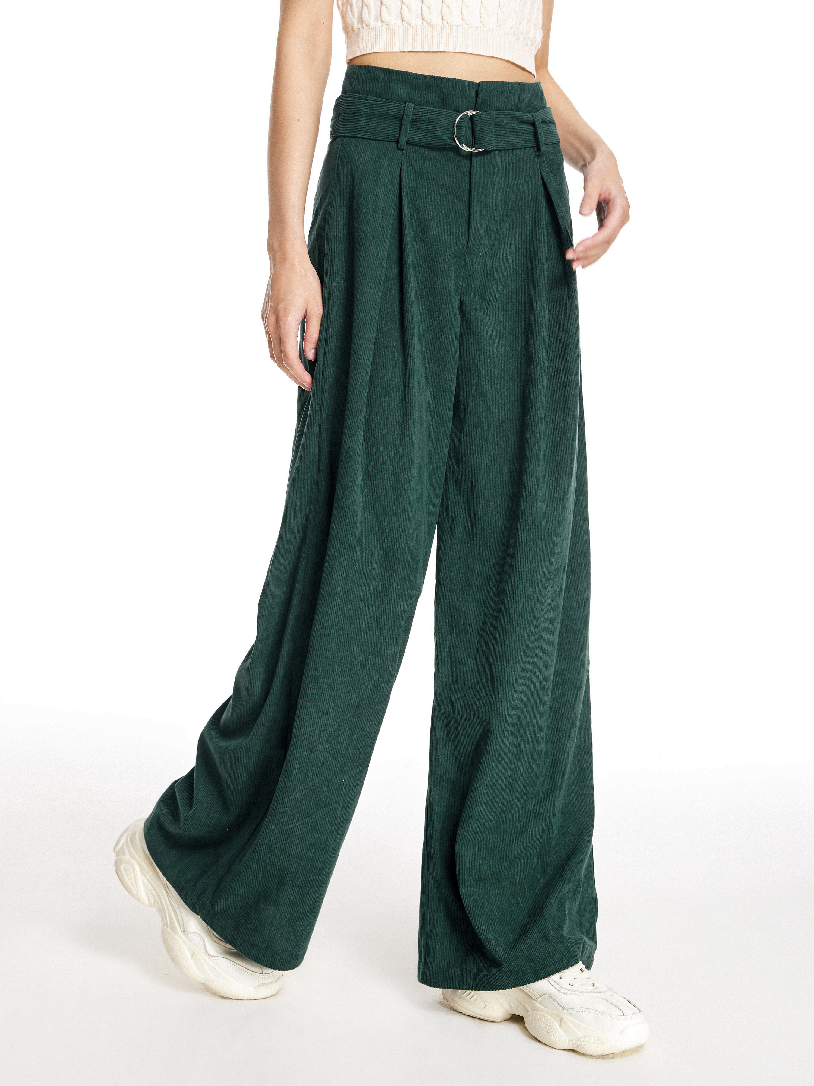 Corduroy Solid Corduroy Wide Leg Trousers With Belt For Date
