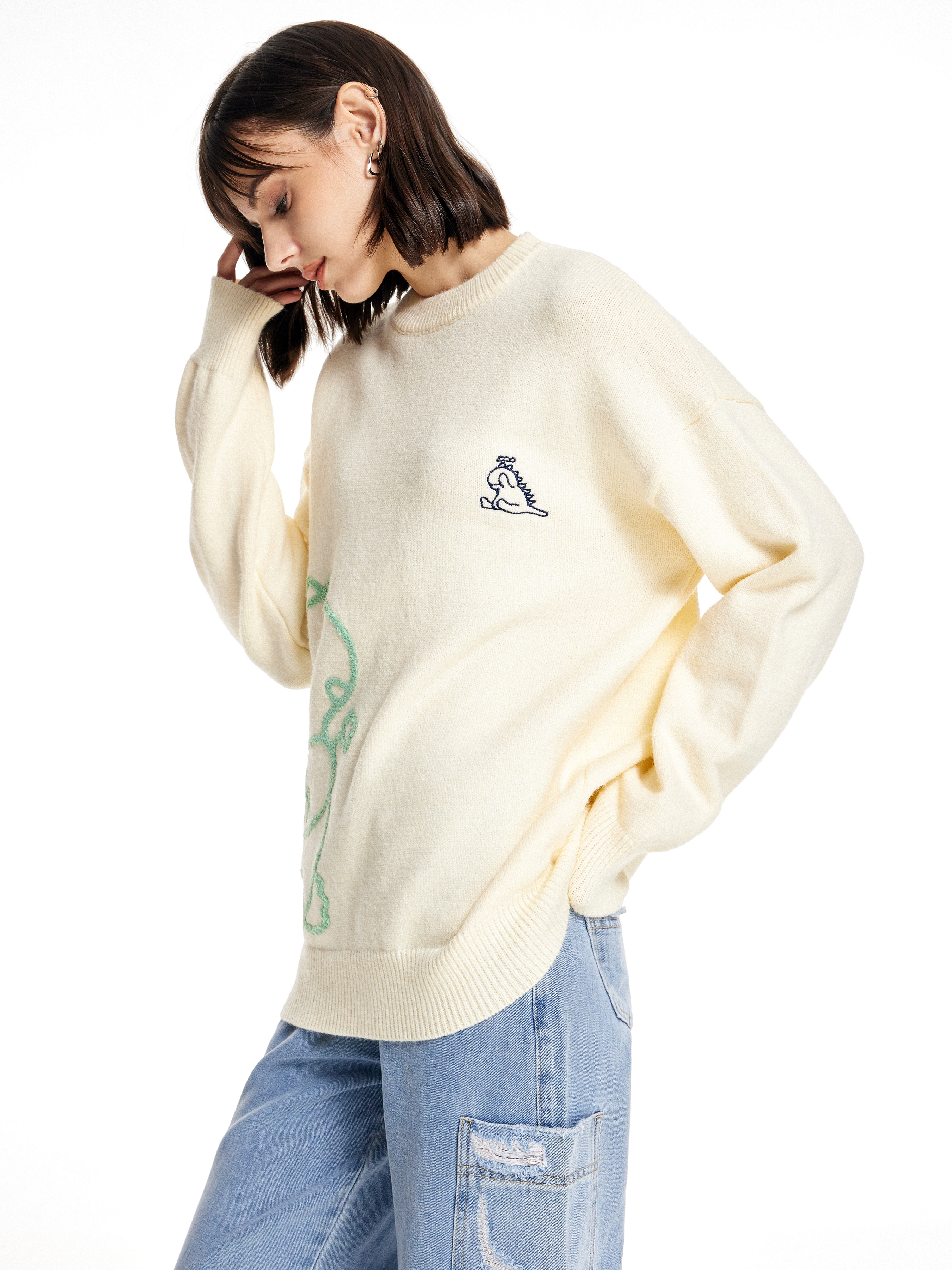 Cardigan Femme Surdimensionné Imprimé Dinosaure - Tricot Doux, Style Streetwear Rétro - Décontracté, Tendance