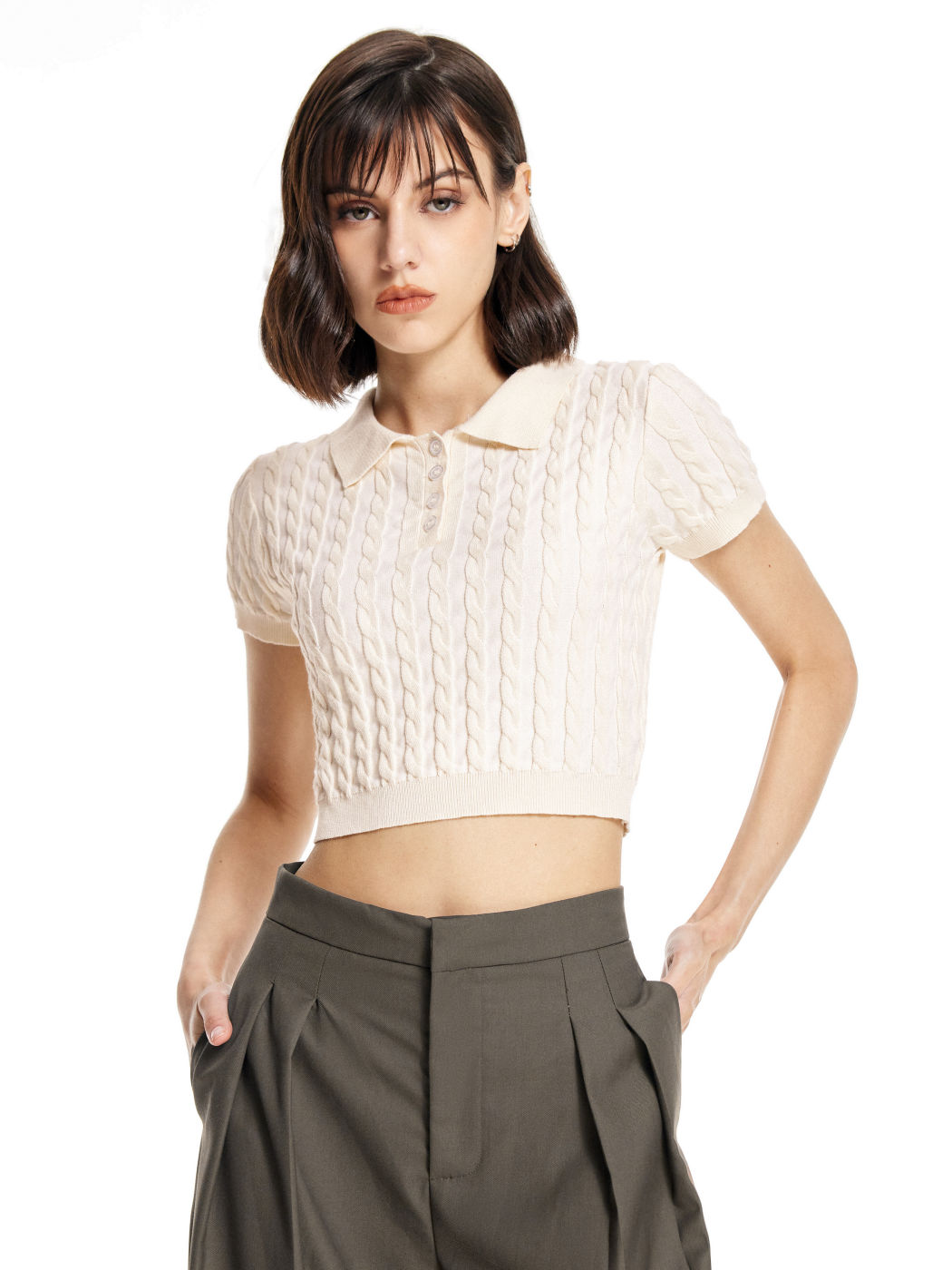 Einfarbiger Rippstrick Polo Crop Top