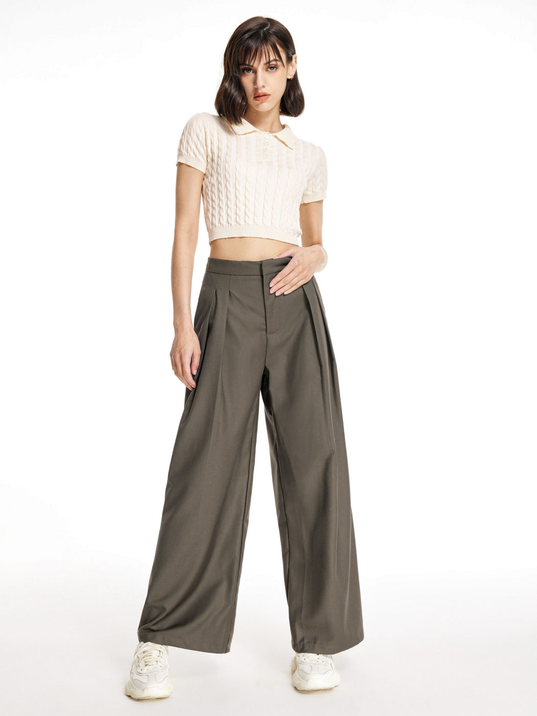 Einfarbiger Rippstrick Polo Crop Top