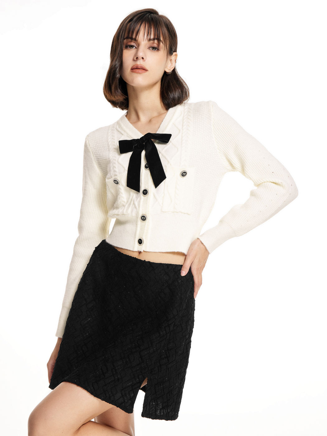  V-Ausschnitt Schleife Knopf Strick Crop Cardigan