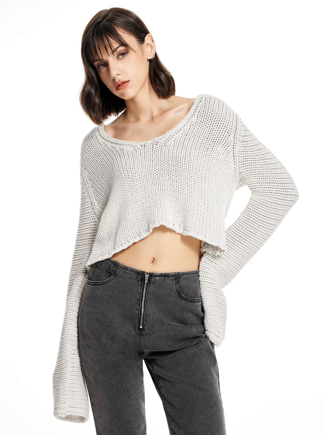 Solid Knitted Long Sleeve Crop Top