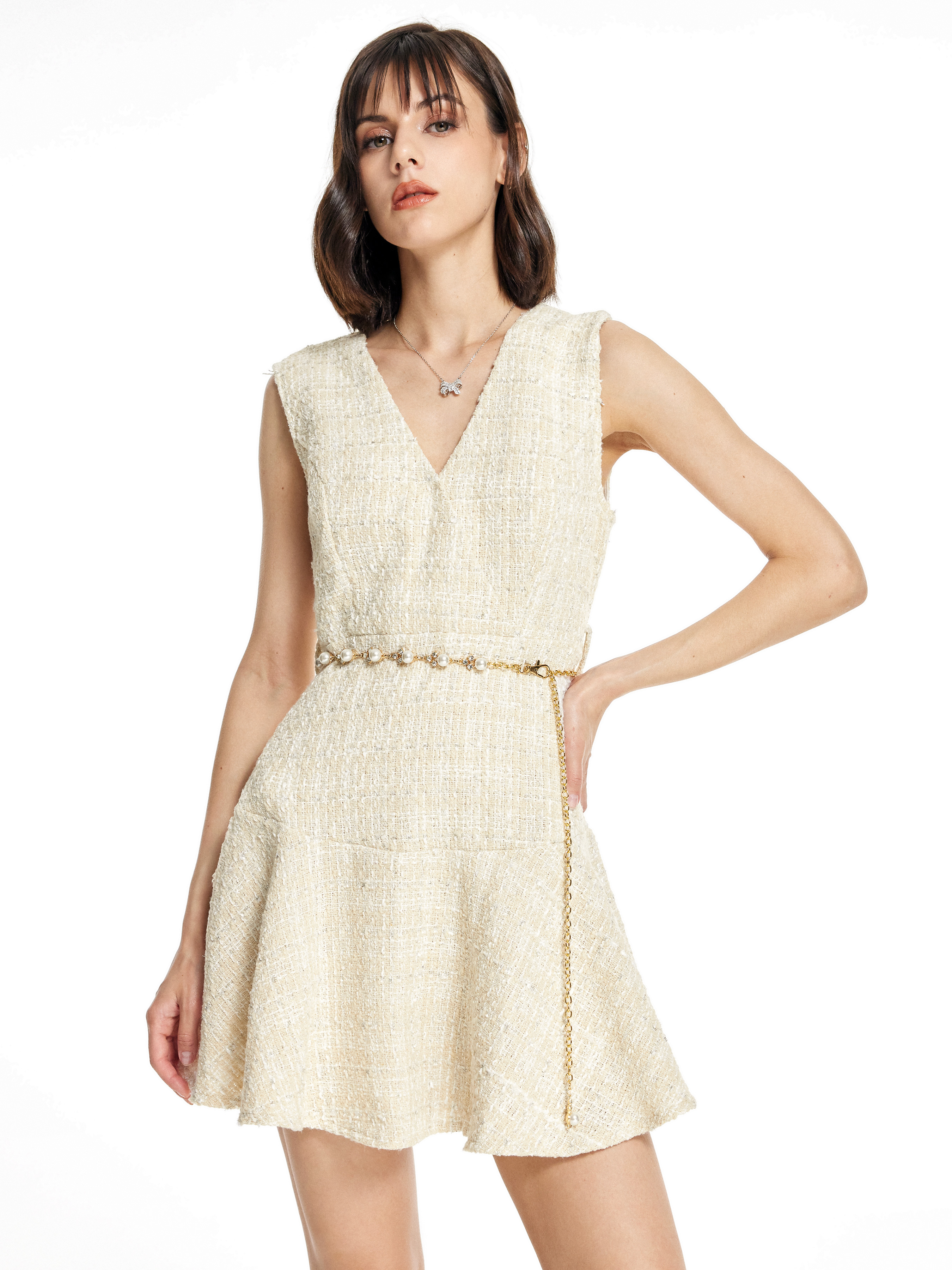 Tweed Tweed V-neck Mini Dress With Waist Chain For Date