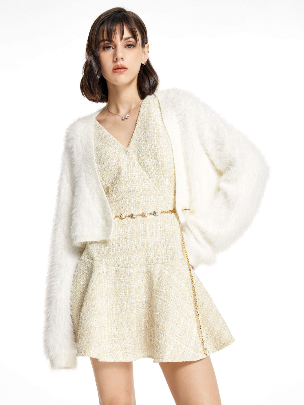  Einfarbiger Flauschiger Crop Strickjacke