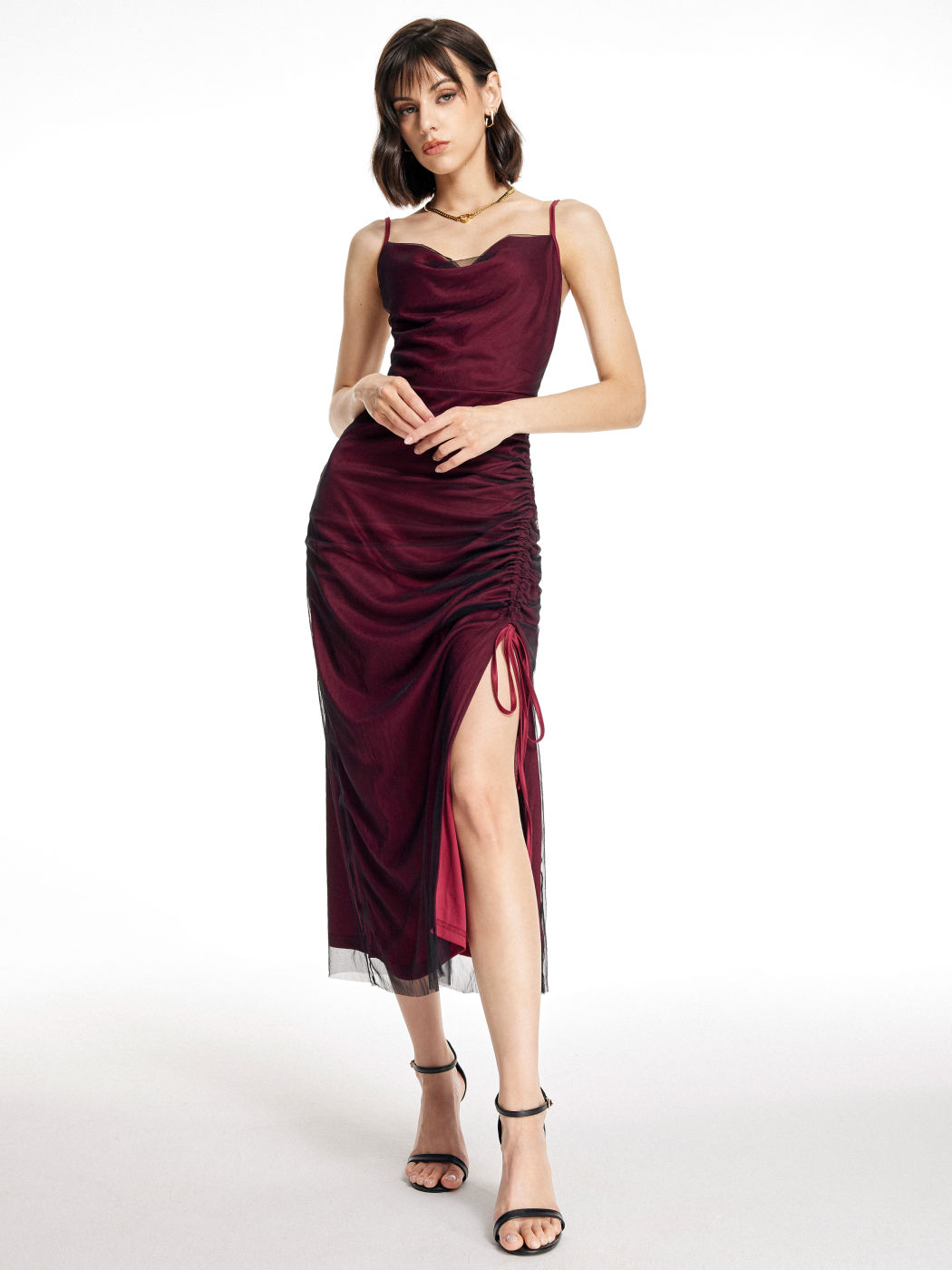 Mesh Ruched Drawstring Maxi Dress