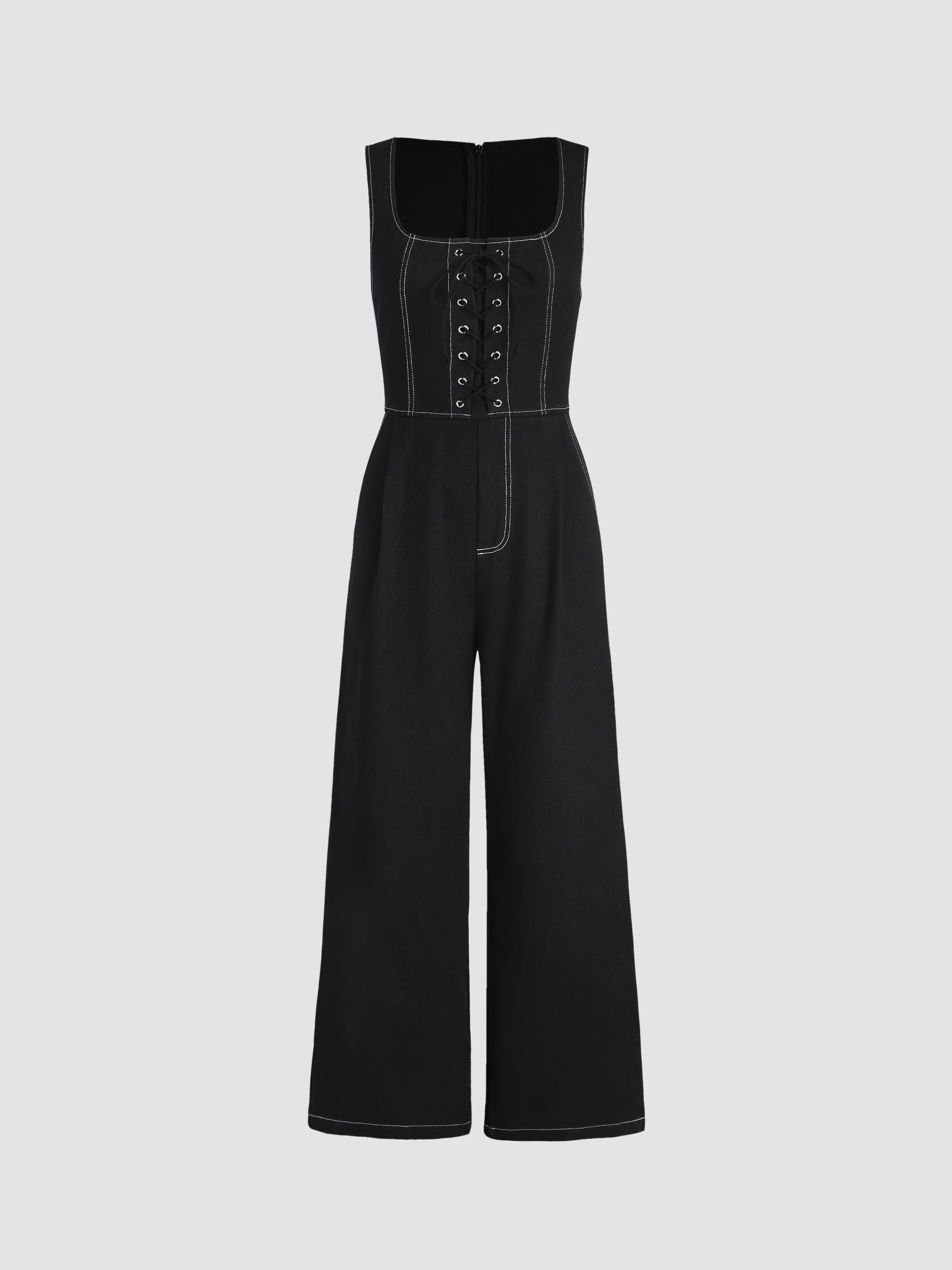 Stitch Square Neck Lace Up Jumpsuit Cider