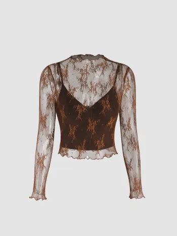 Set aus Hochhals-Bluse mit Blumenstick und festfarbigem Crop Cami-Top