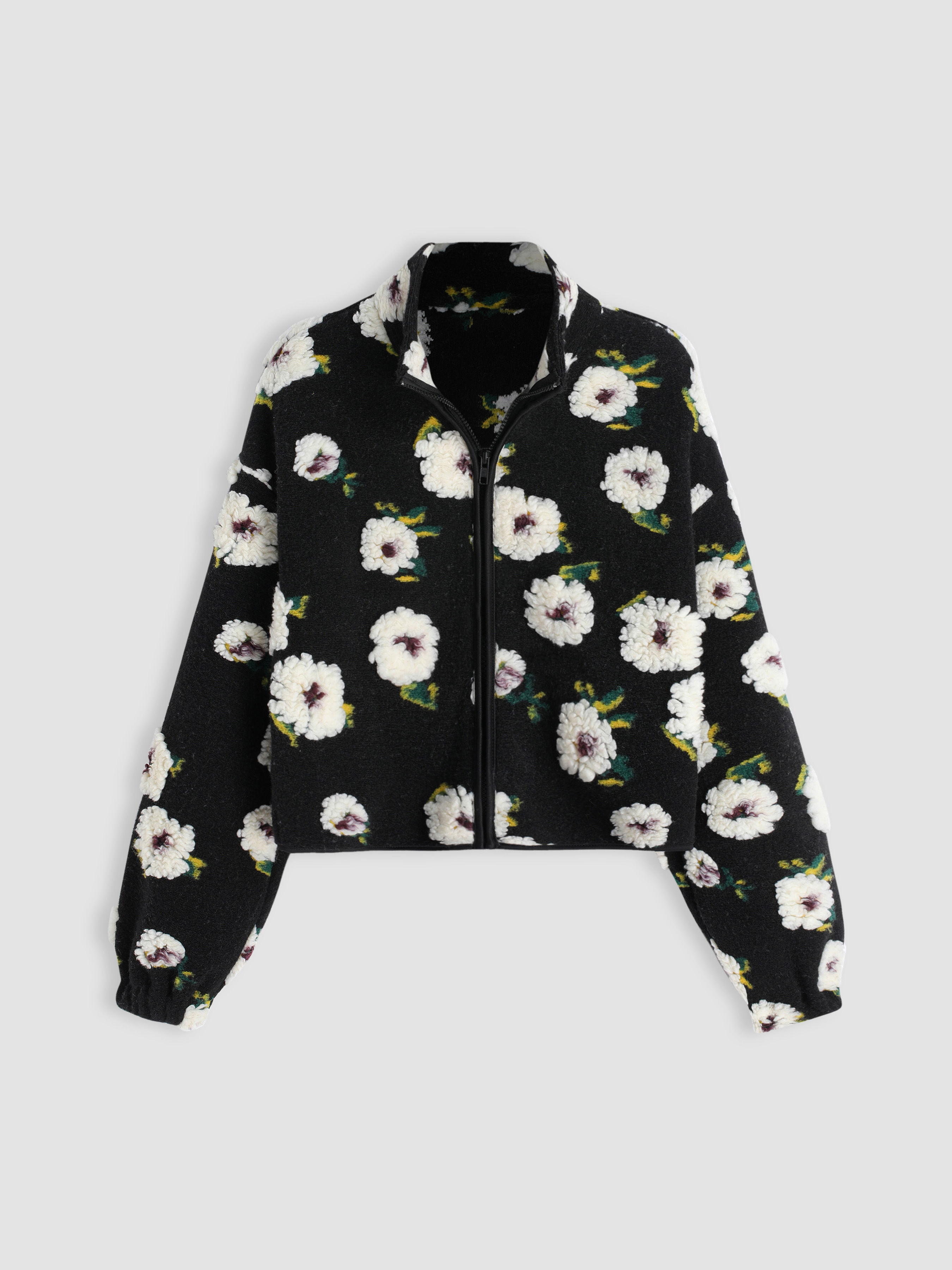 Fleece Floral Zip-up Stand Collar Jacket
