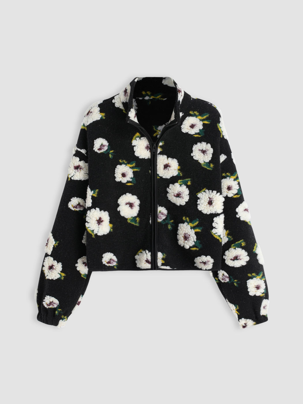 Fleece Fleece Floral Zipup Stand Collar Jacket For Daily Casual School