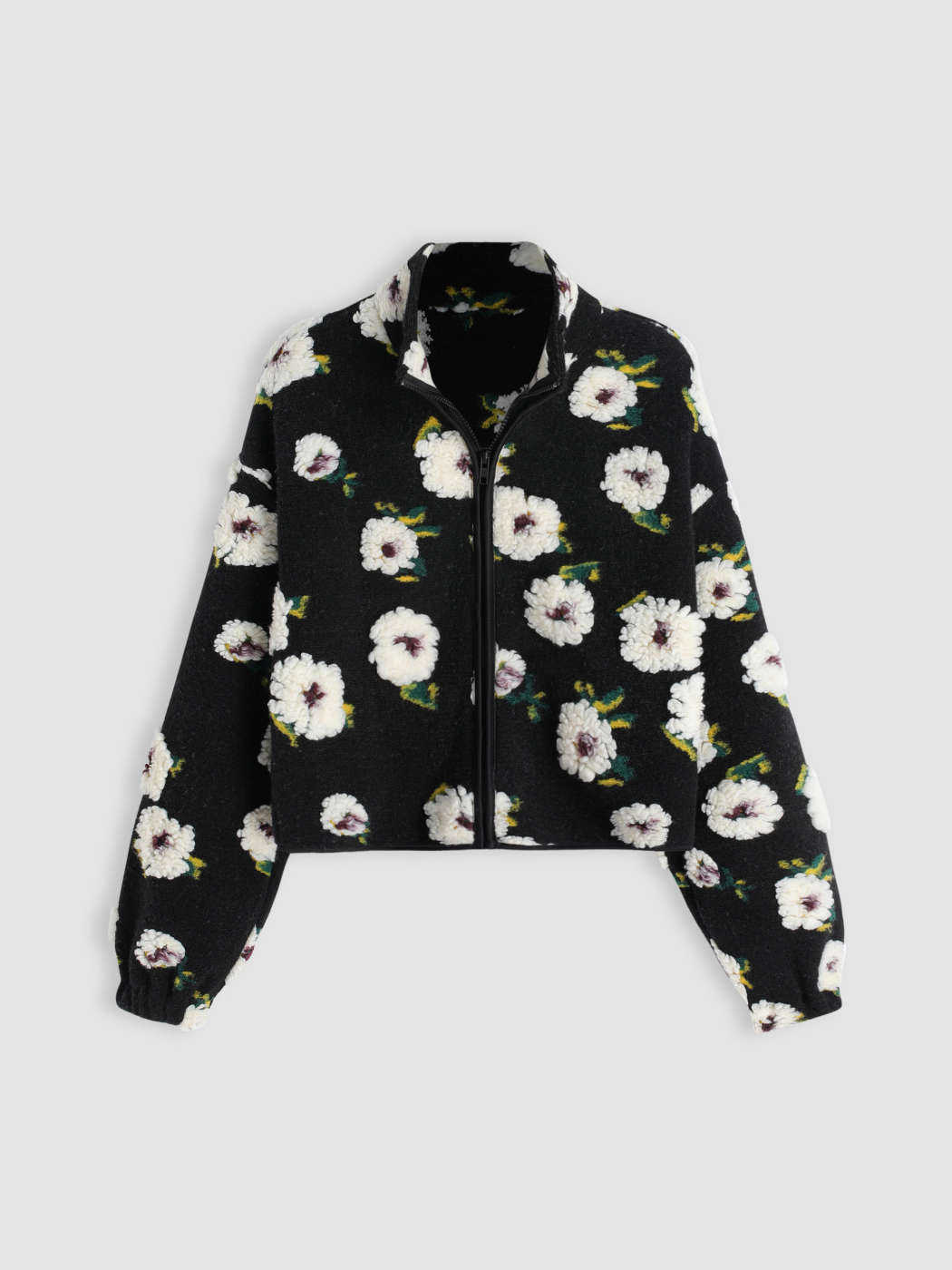 Fleece Floral Zip-up Stand Collar Jacket - Cider