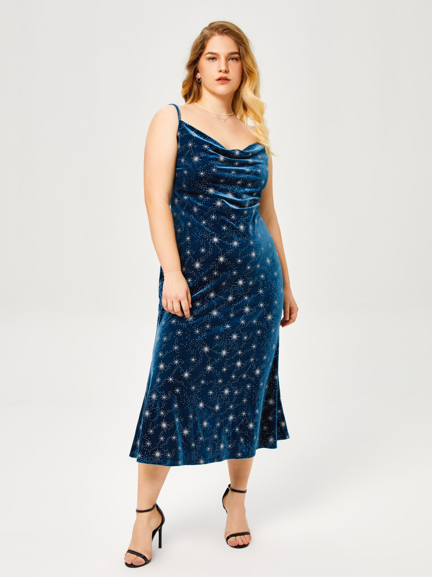 Velvet Cowl Neck Star Pattern Mermaid Maxi Dress Curve & Plus