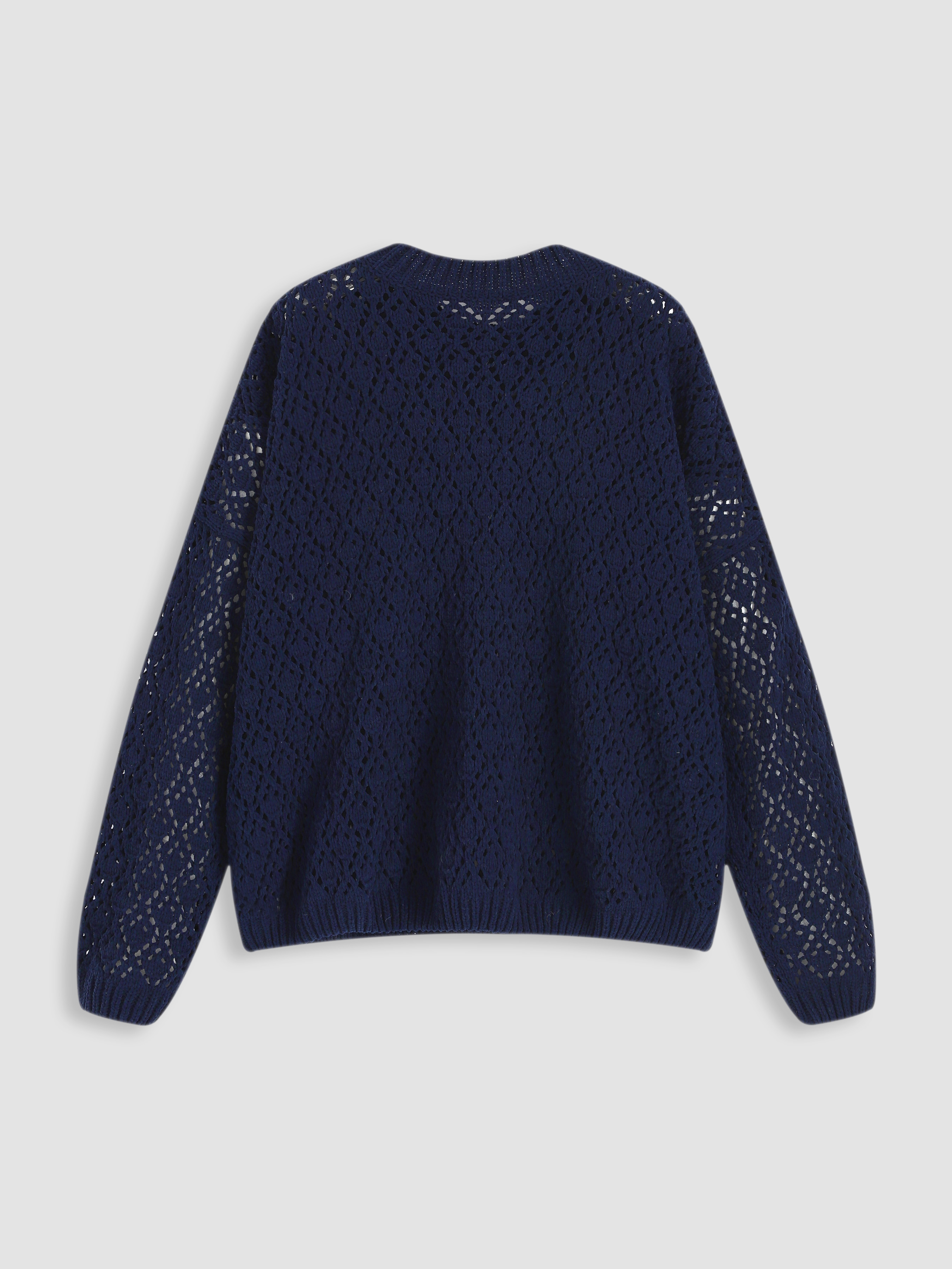 Knit Fabric Solid Hollow Out Round Neck Sweater For Daily