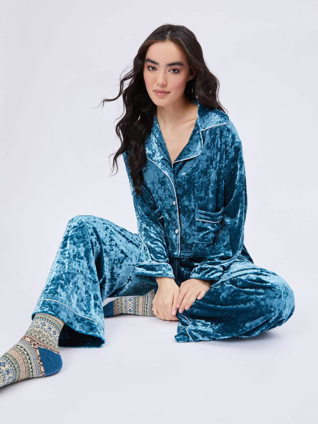  Samtkragen Pyjama-Oberteil