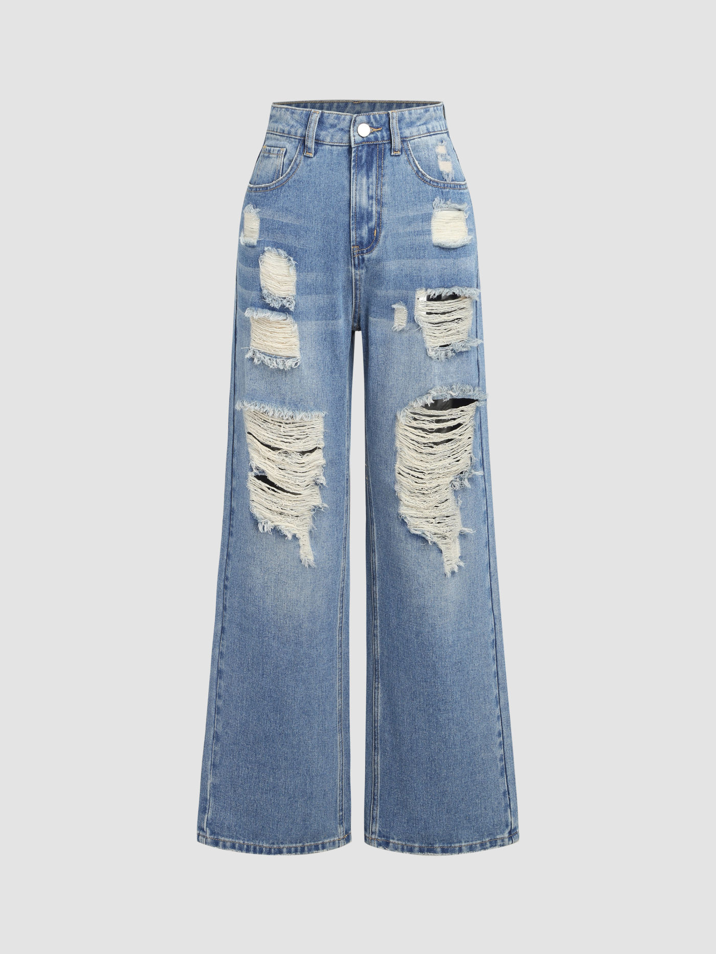 Denim Mid Rise Solid Ripped Wide Leg Jeans