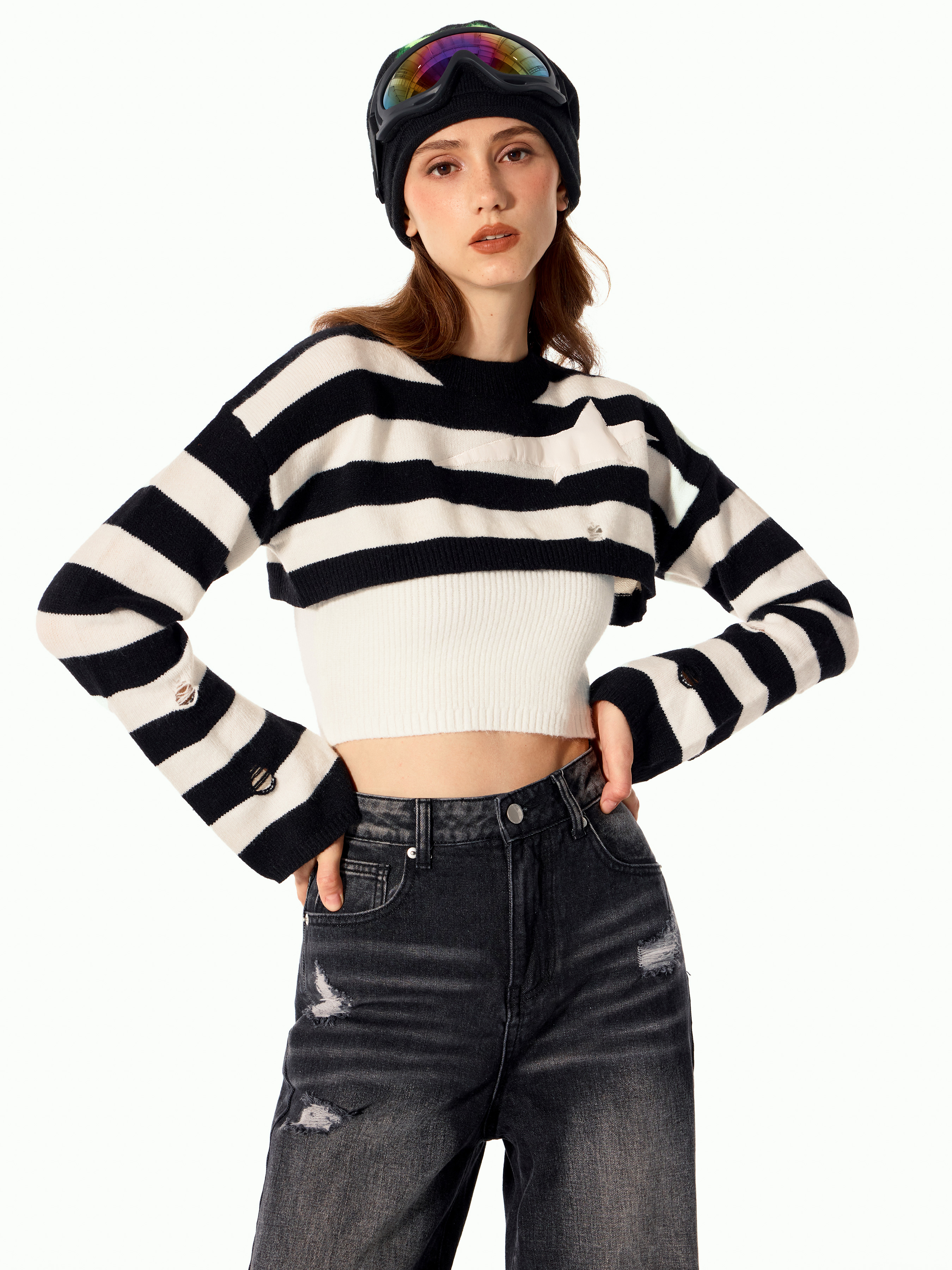 Striped Ripped Knitted Crop Sweater - Cider