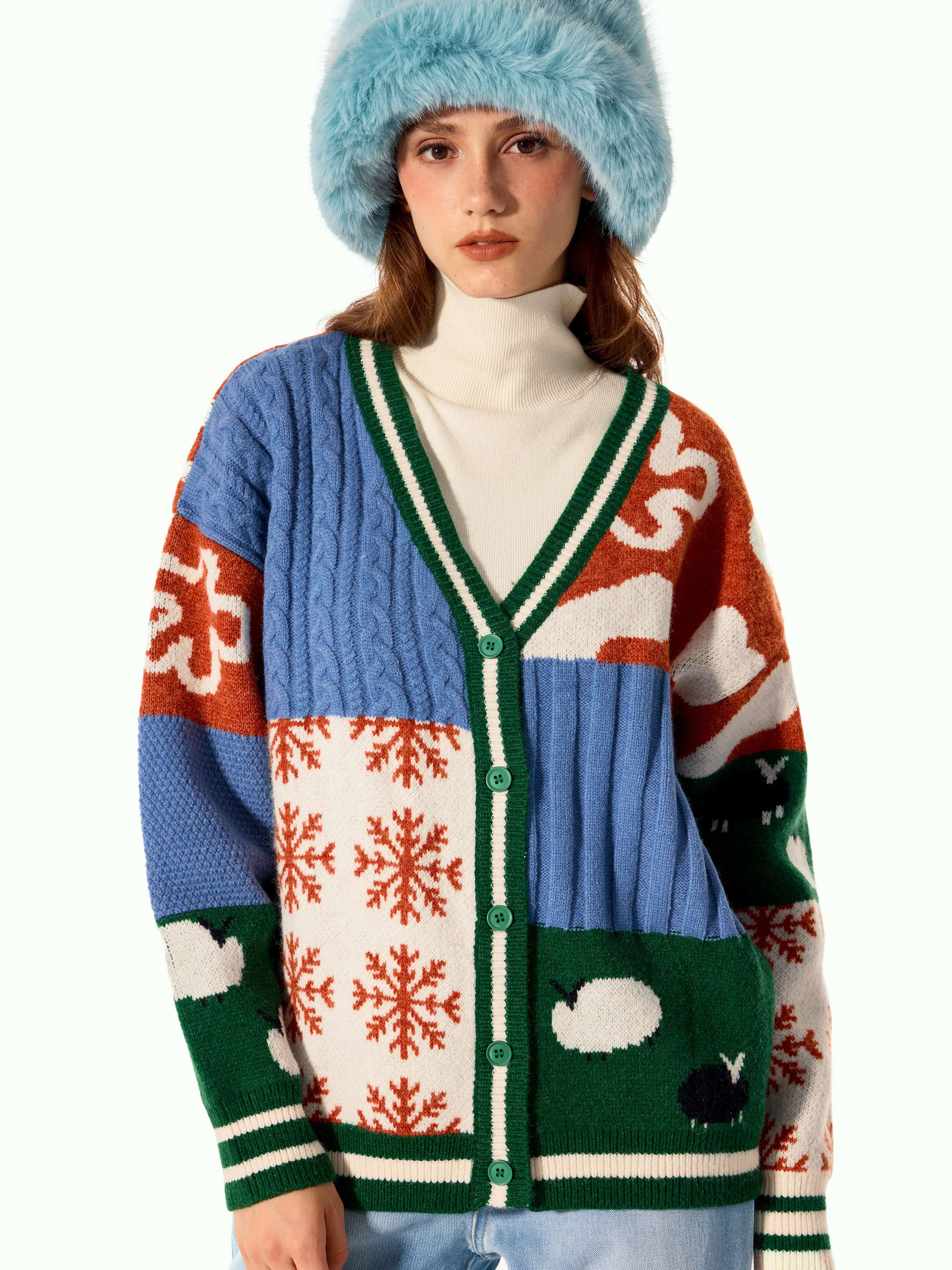 Knit Fabric Patchy Graphic V-neck Oversized Cardigan For