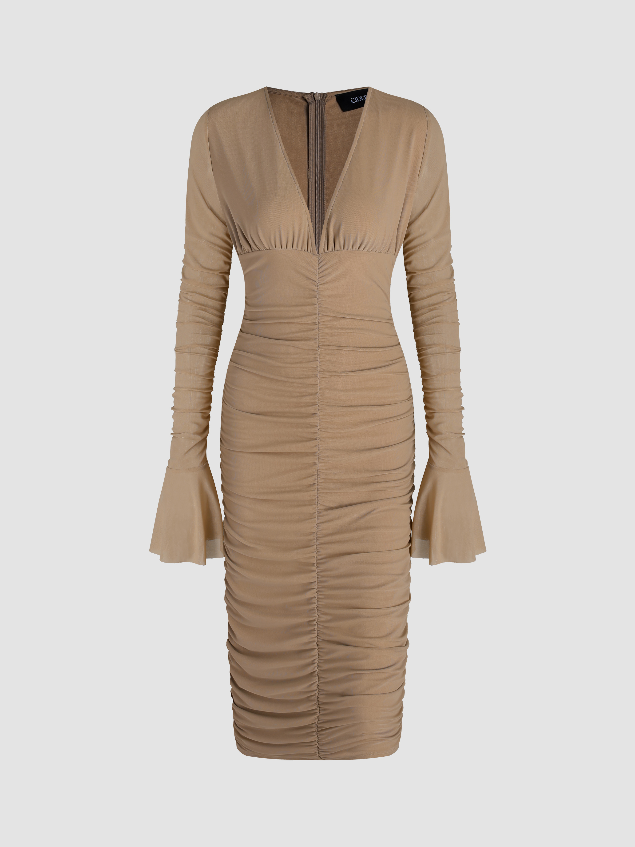 Solid V-neck Ruched Zip Up Knit Midi Dress For Coffee Shop Exhibition