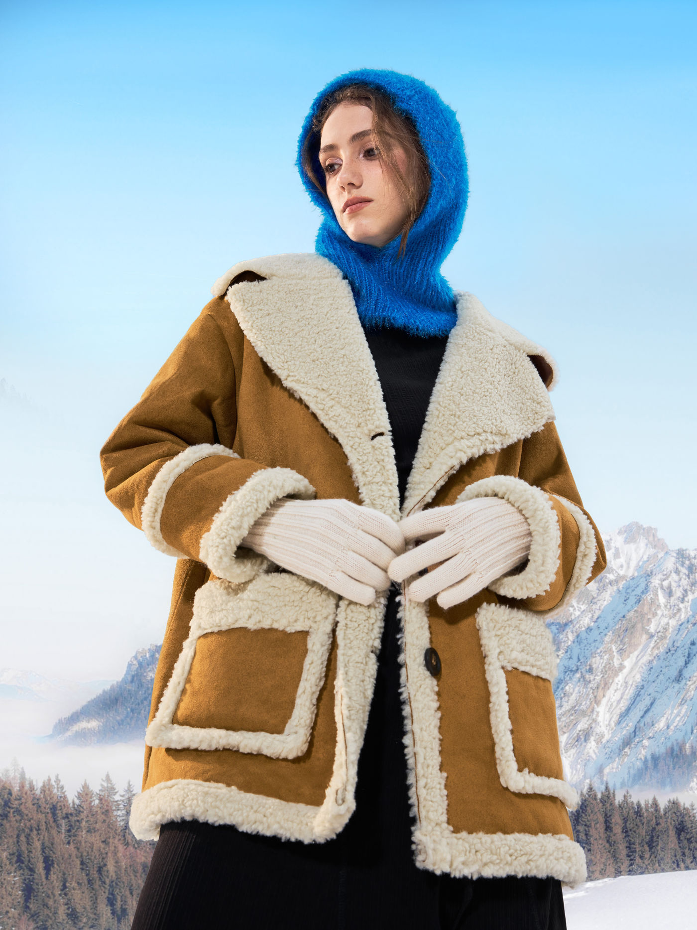 Faux Shearling Notched Collar Button Up Oversized Jacket