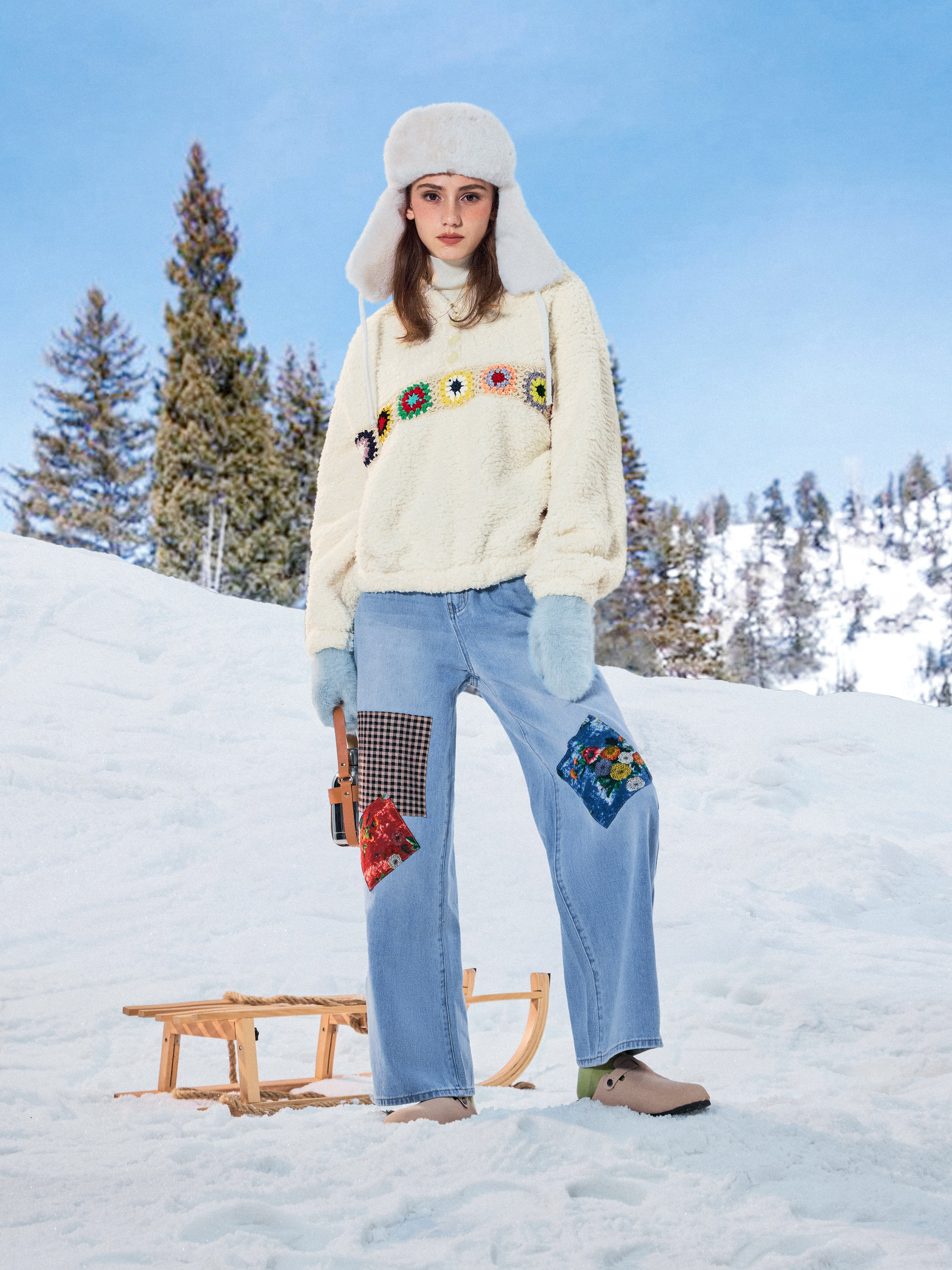Fleece Floral Crochet Hoodie - Cider