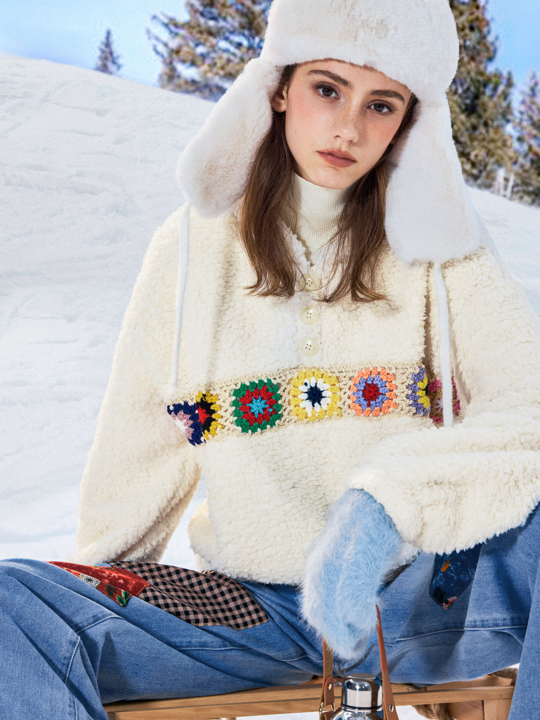  Sudadera con Capucha de Vellón Floral Crochet