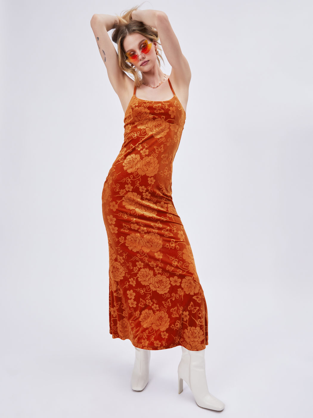 Samt-Maxikleid mit U-Ausschnitt und Blumenmuster