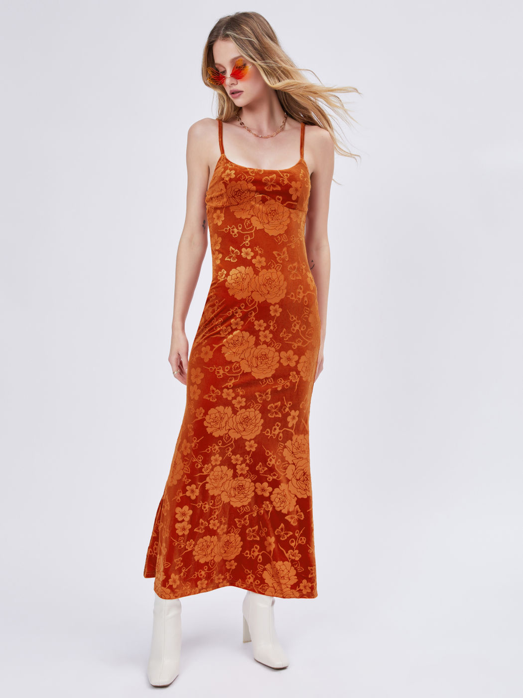 Samt-Maxikleid mit U-Ausschnitt und Blumenmuster