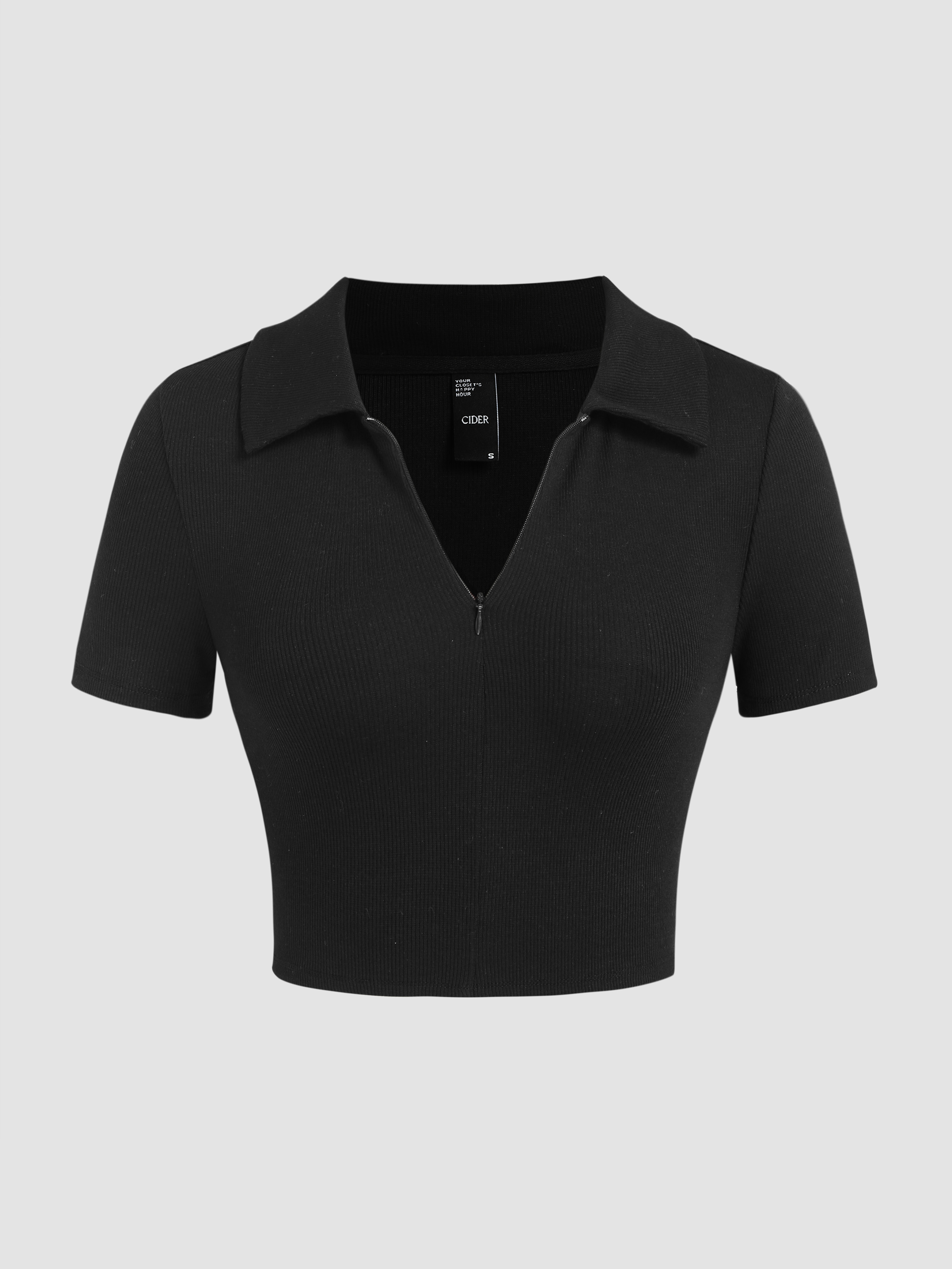 Solid Collar Zip Up Crop Top For School Daily Casual