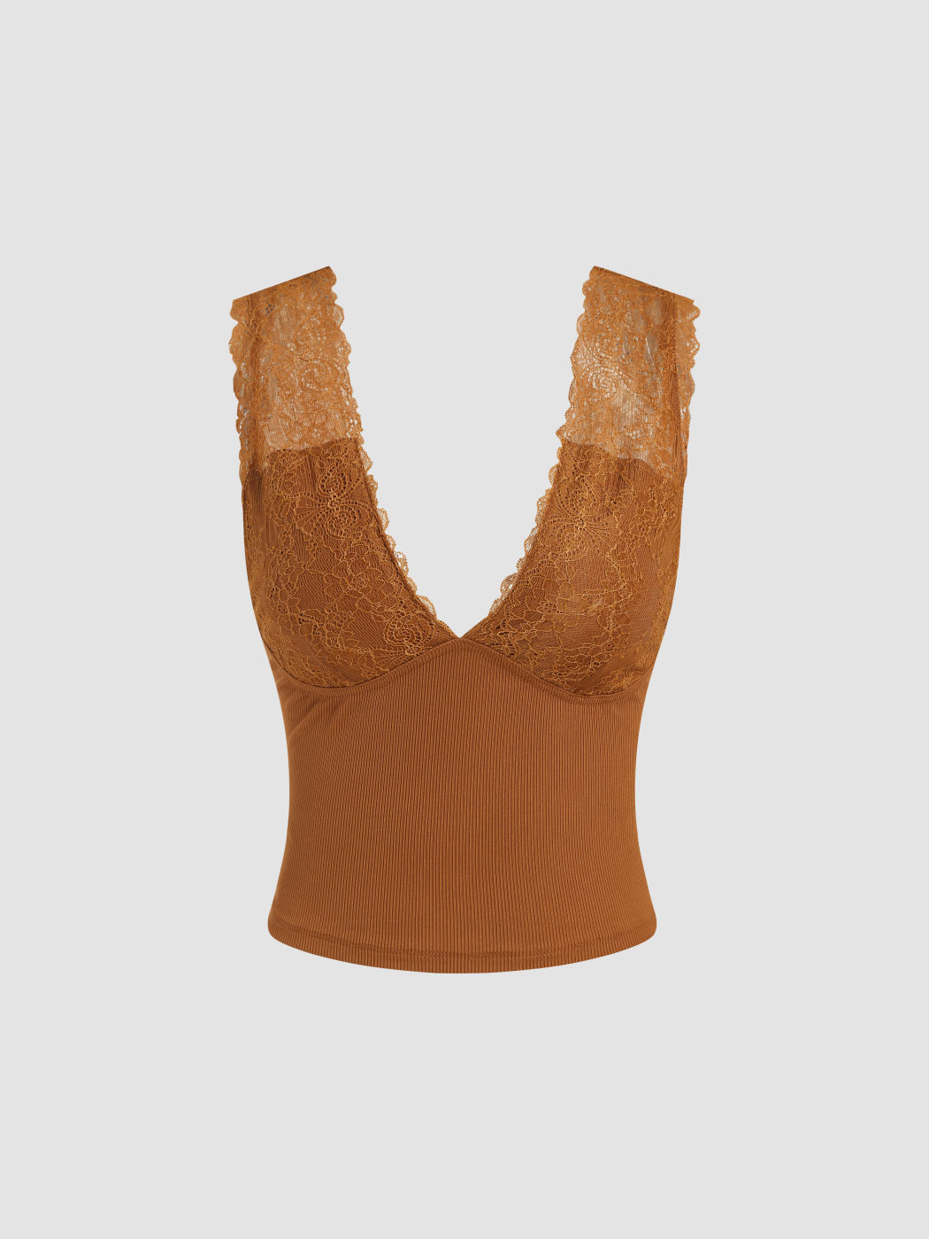 Knit Fabric Lace Vneck Cami Crop Top For Daily Casual