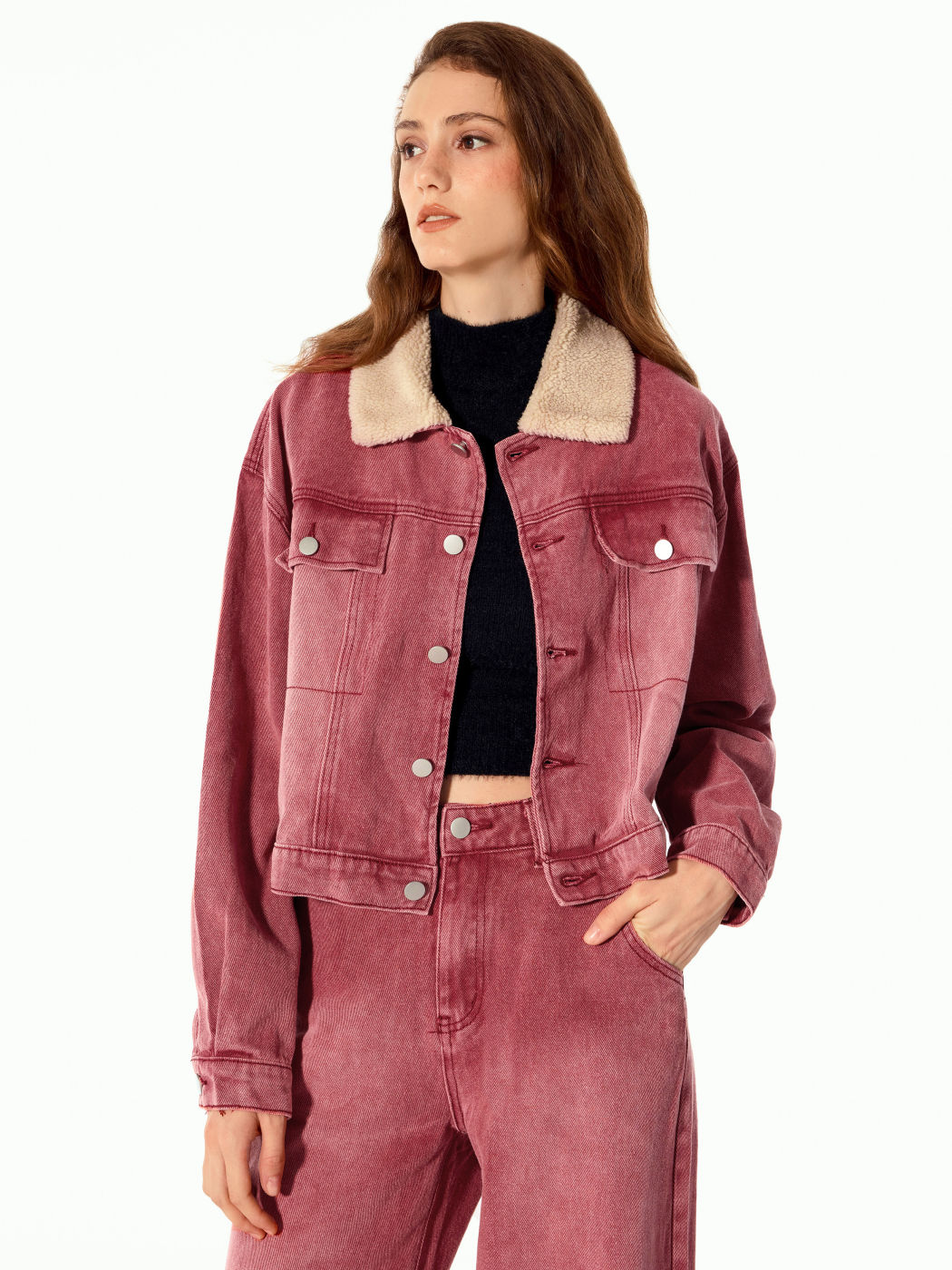 Denim Faux Fur Collar Button Up Jacket For School Daily Casual