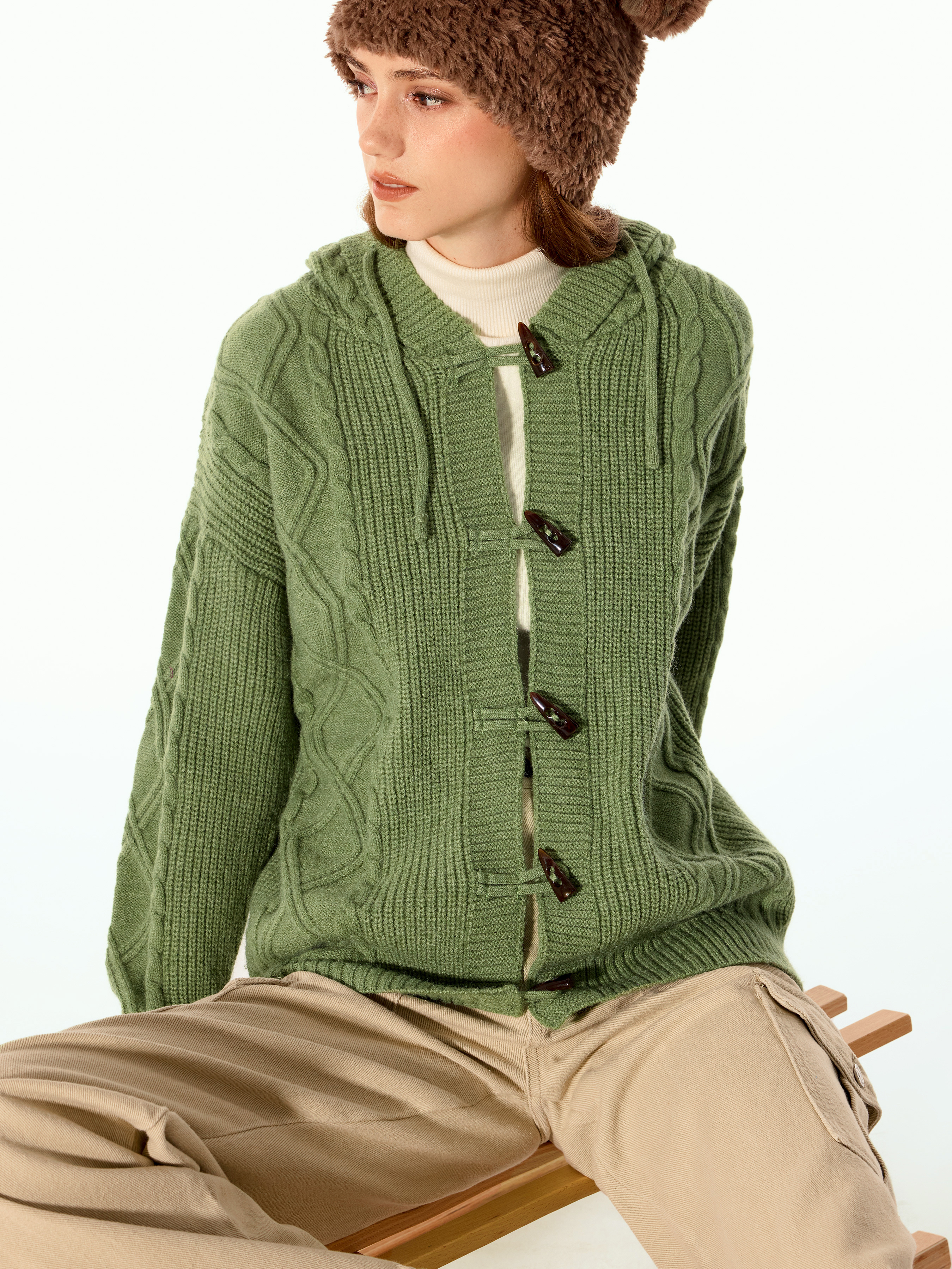 Knit Fabric Cable Knit Solid Button Up Hooded Cardigan For