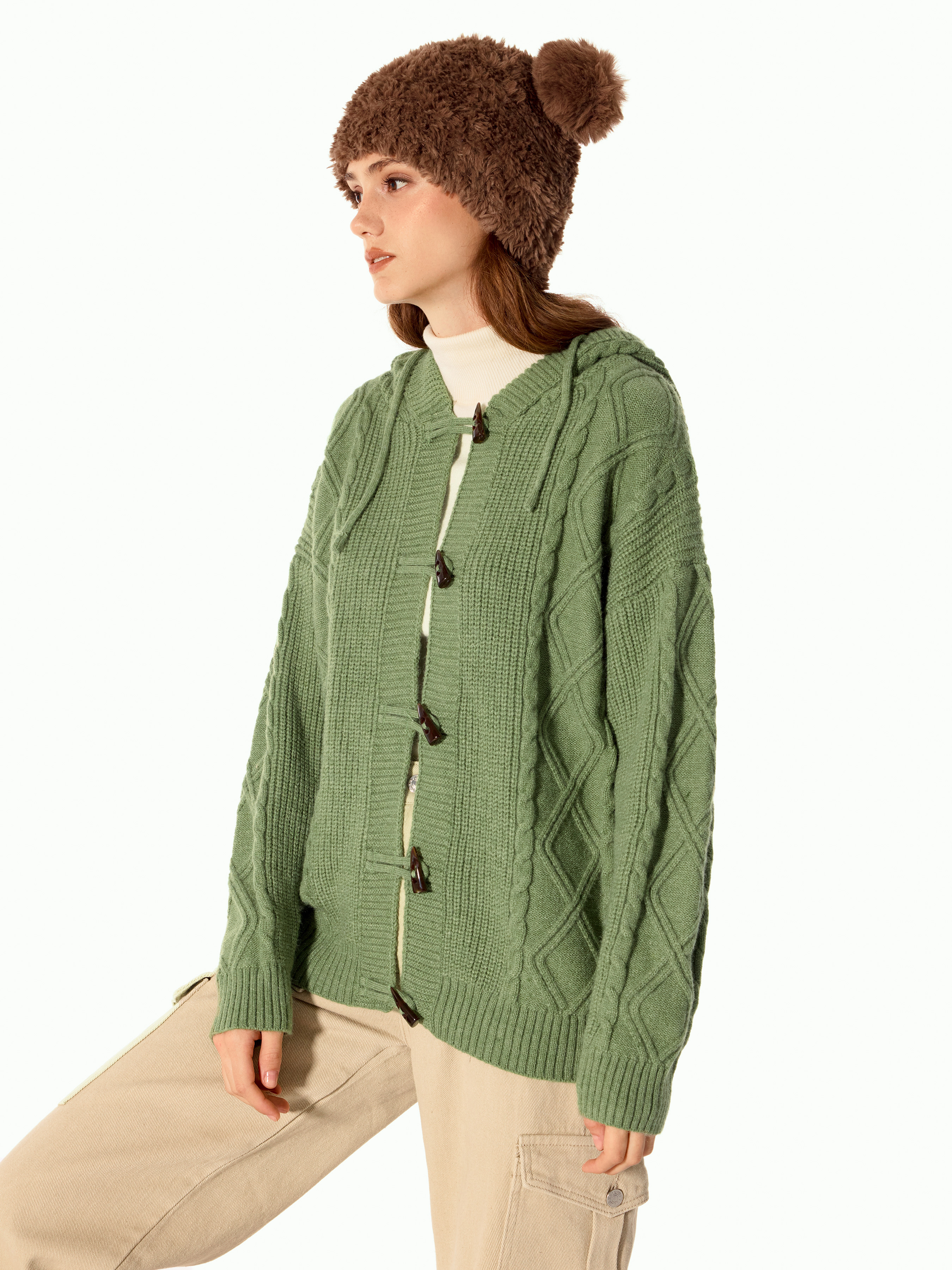 Knit Fabric Cable Knit Solid Button Up Hooded Cardigan For