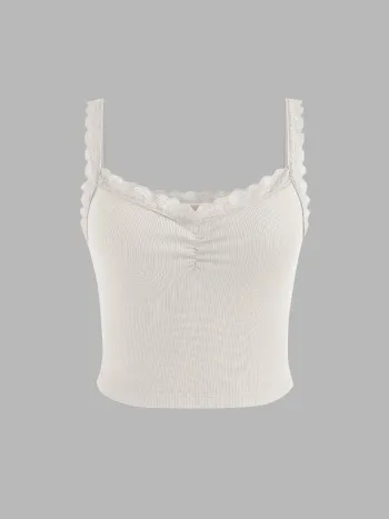 Recycled Fabric Solid Lace Trim Crop Tank Top
