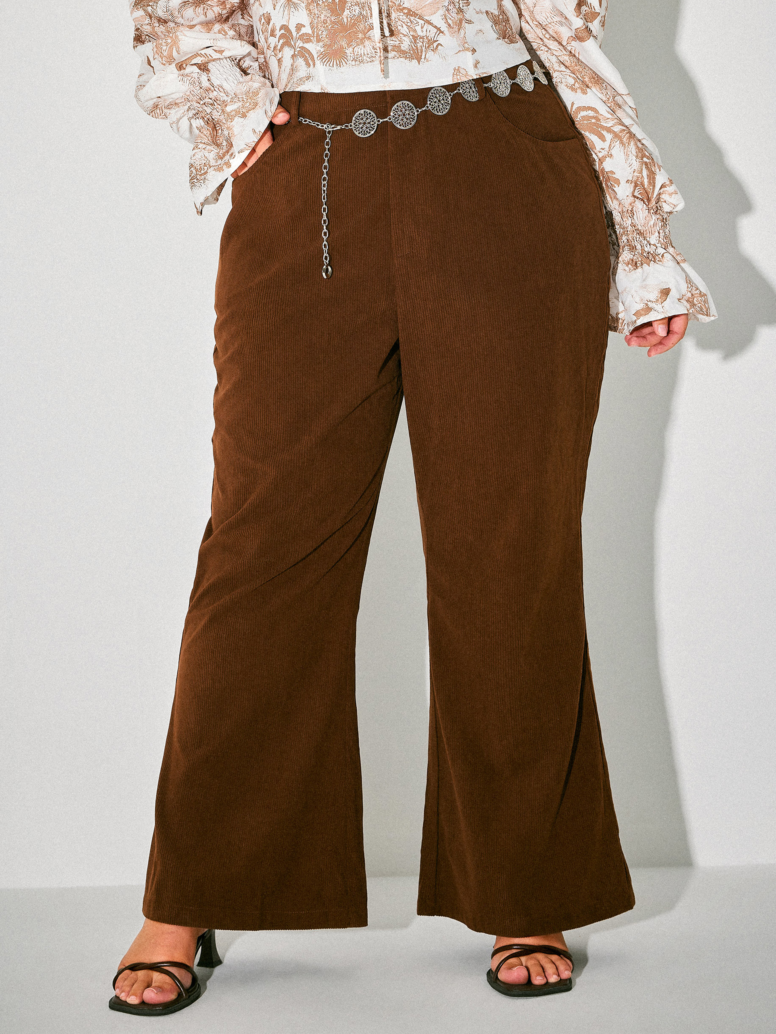 Flared Corduroy Trousers With Chain Decor Curve & Plus - Cider