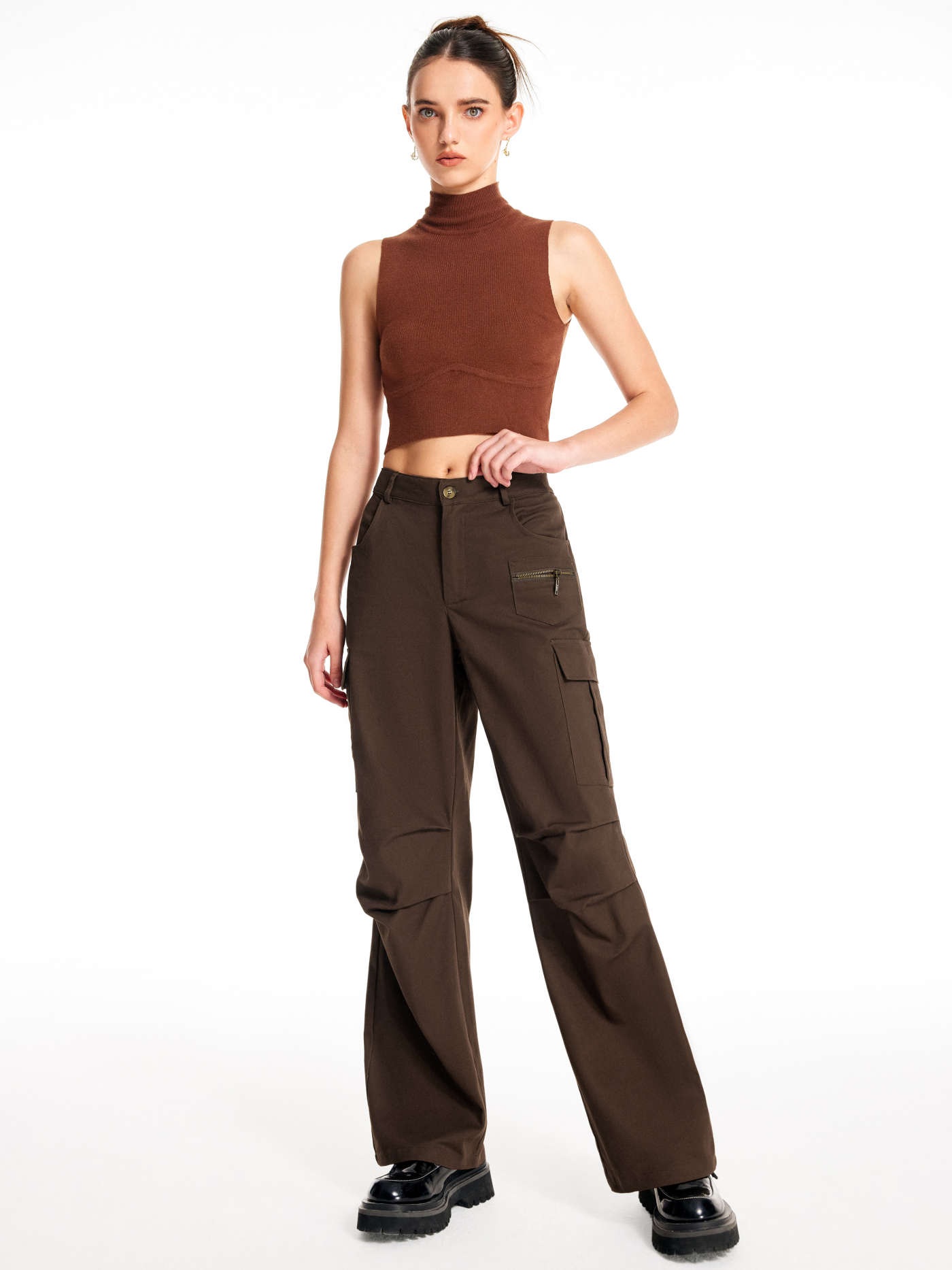 Solid Mid Waist Cargo Pants