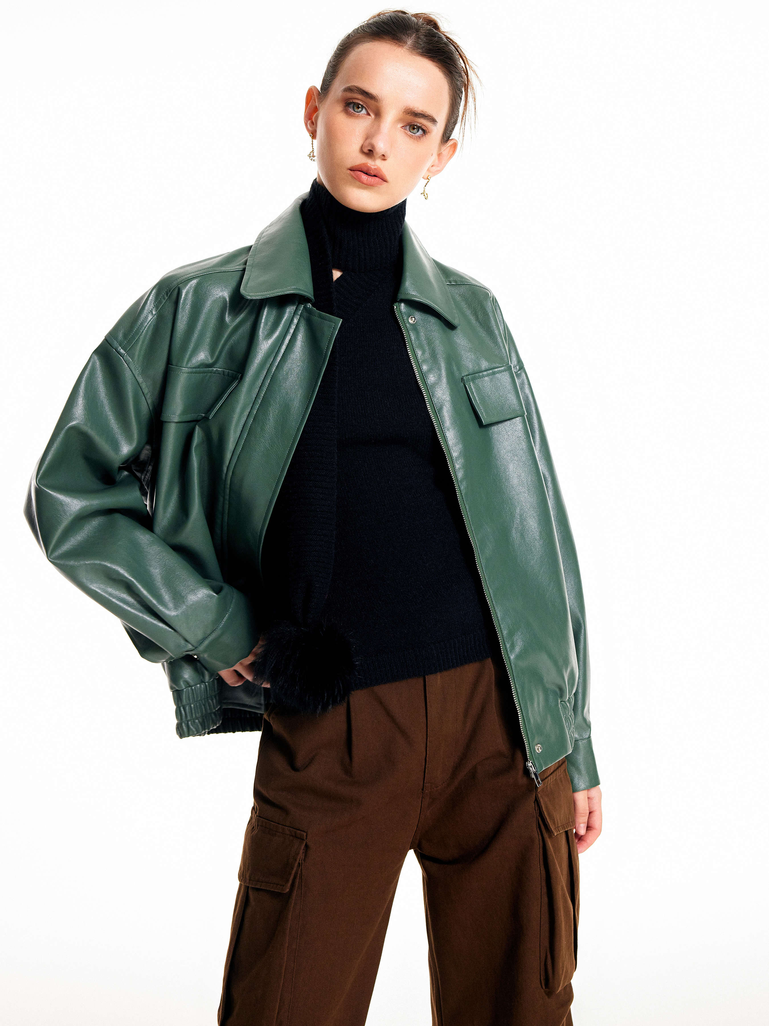 Faux Leather Faux Leather Solid Collar Zip Up Pocket